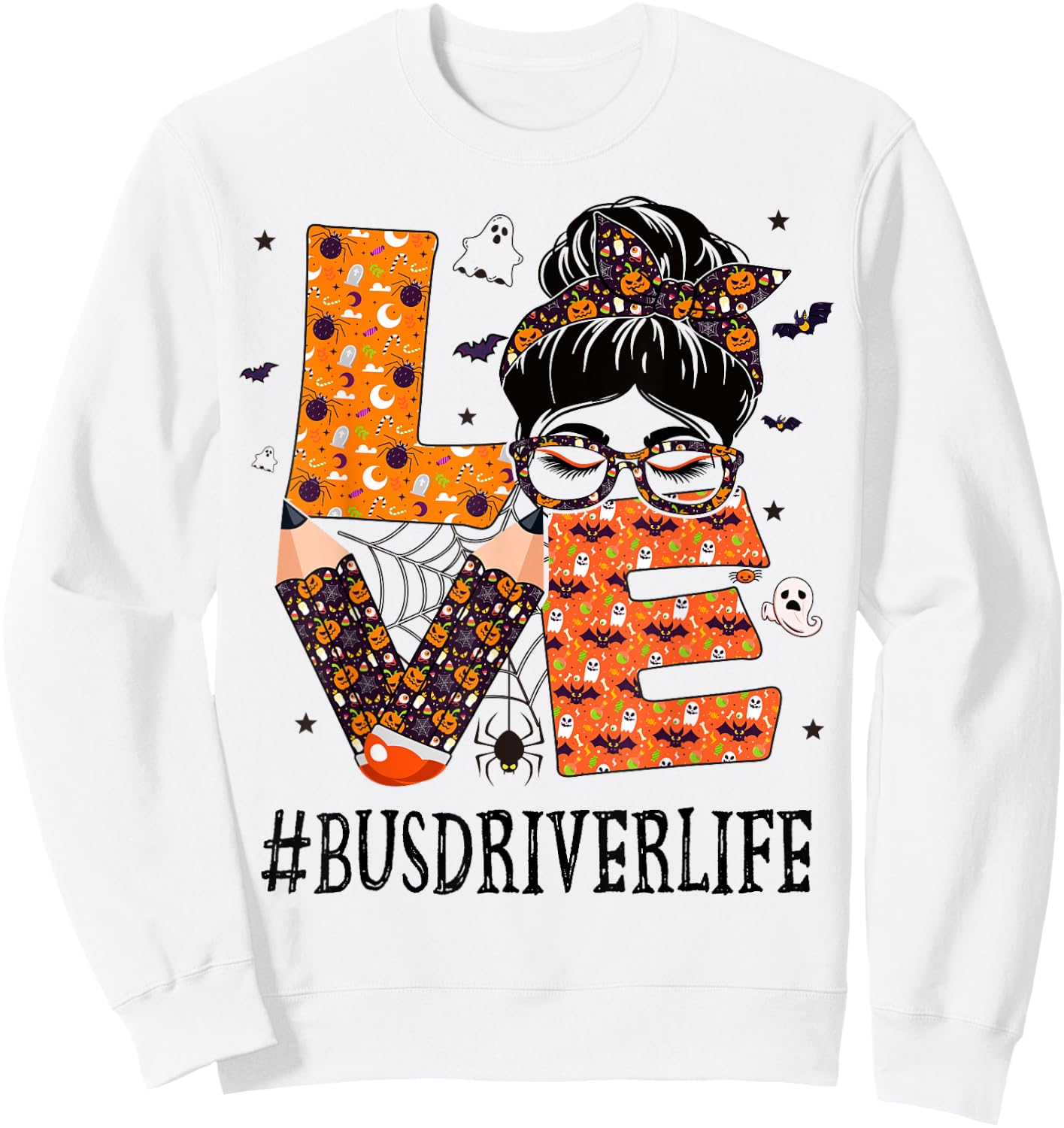 Bus Driver Love Messy Bun Pumpkin Women Halloween Costume Sweatshirt - Sweatshirt | White