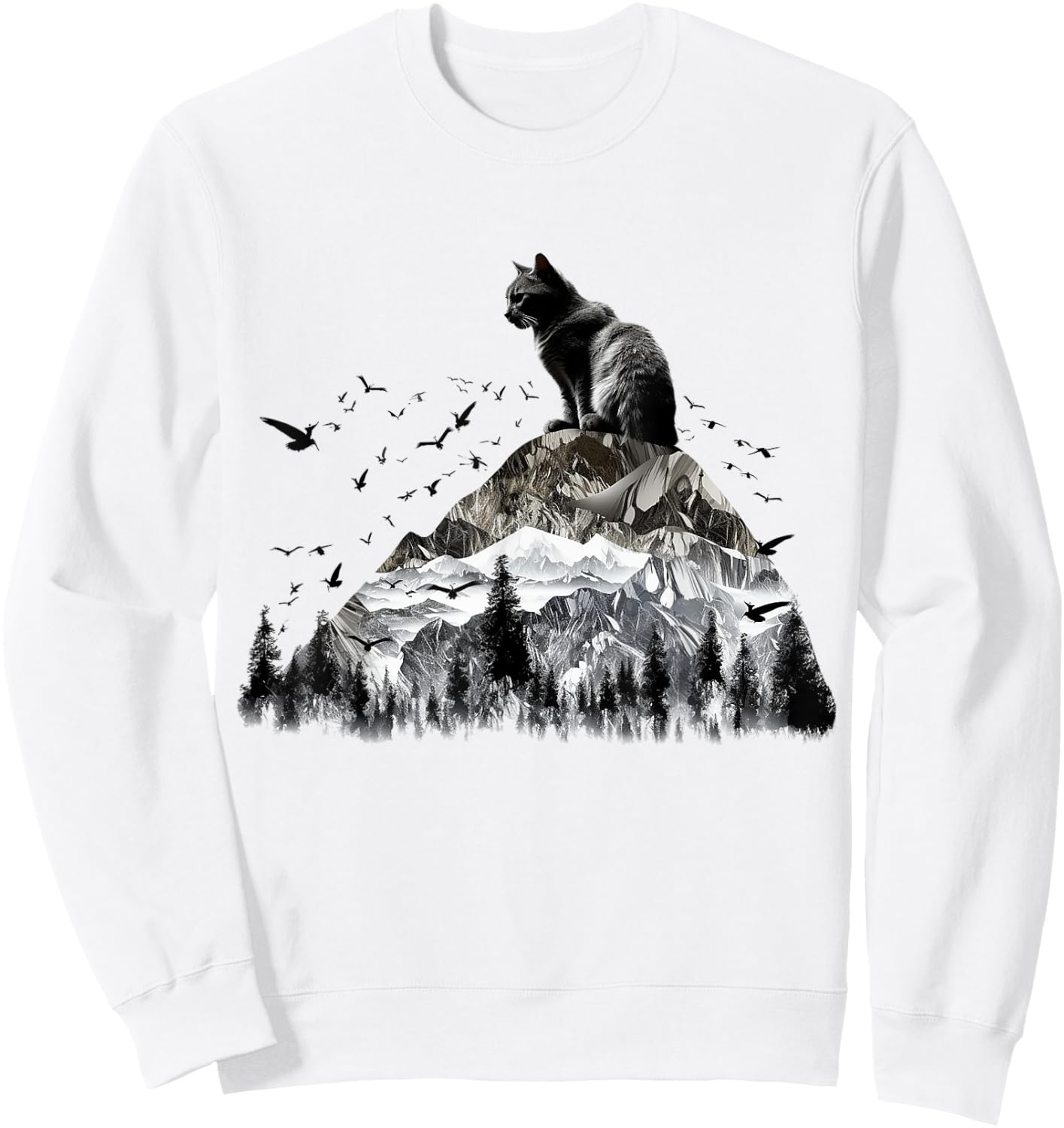 Cat Mountains Bird Artwork | Animal Motif Cat Sweatshirt - Sweatshirt | White