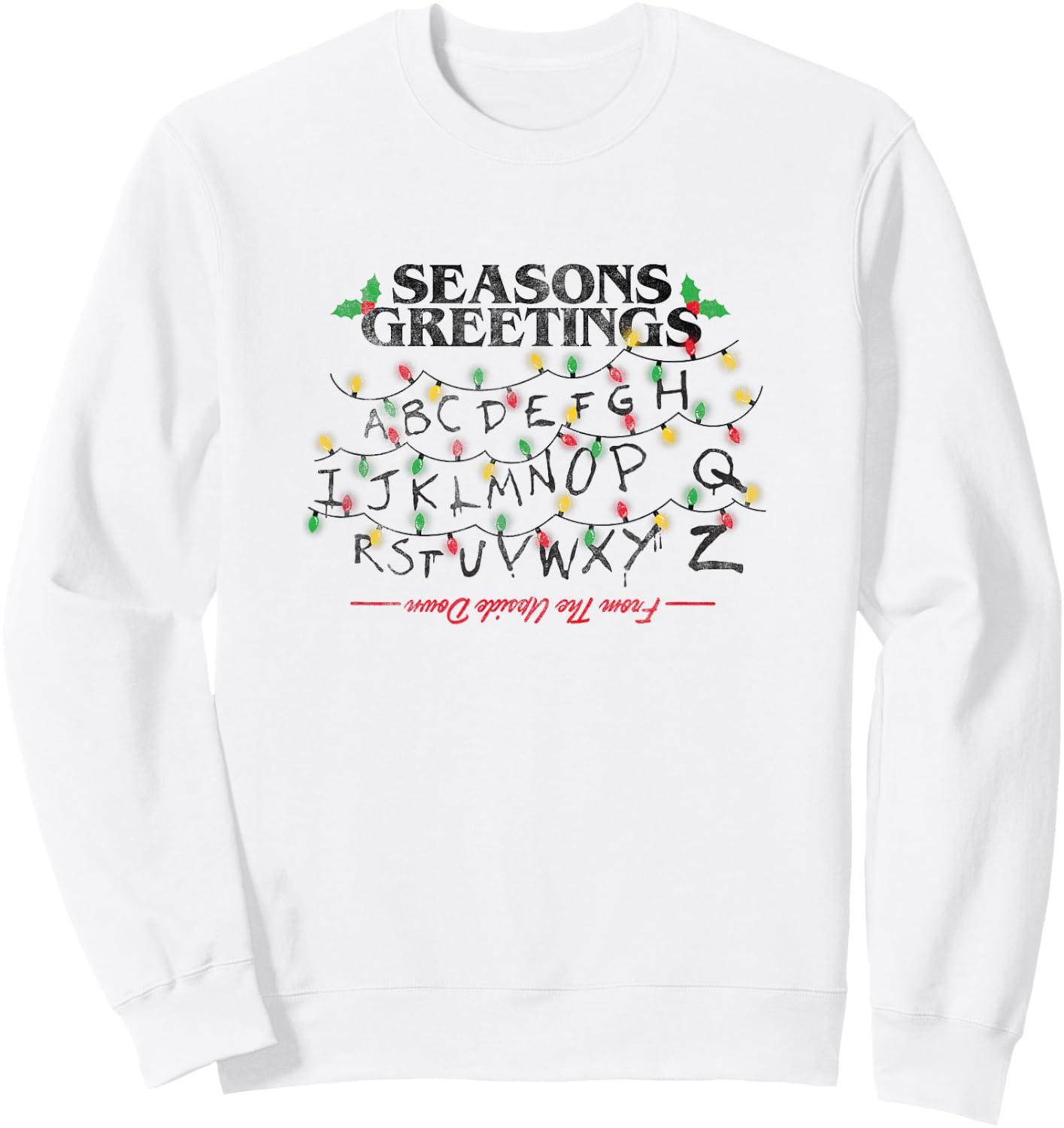Stranger Things Christmas Greetings Upside Down Distressed Sweatshirt - Sweatshirt | White