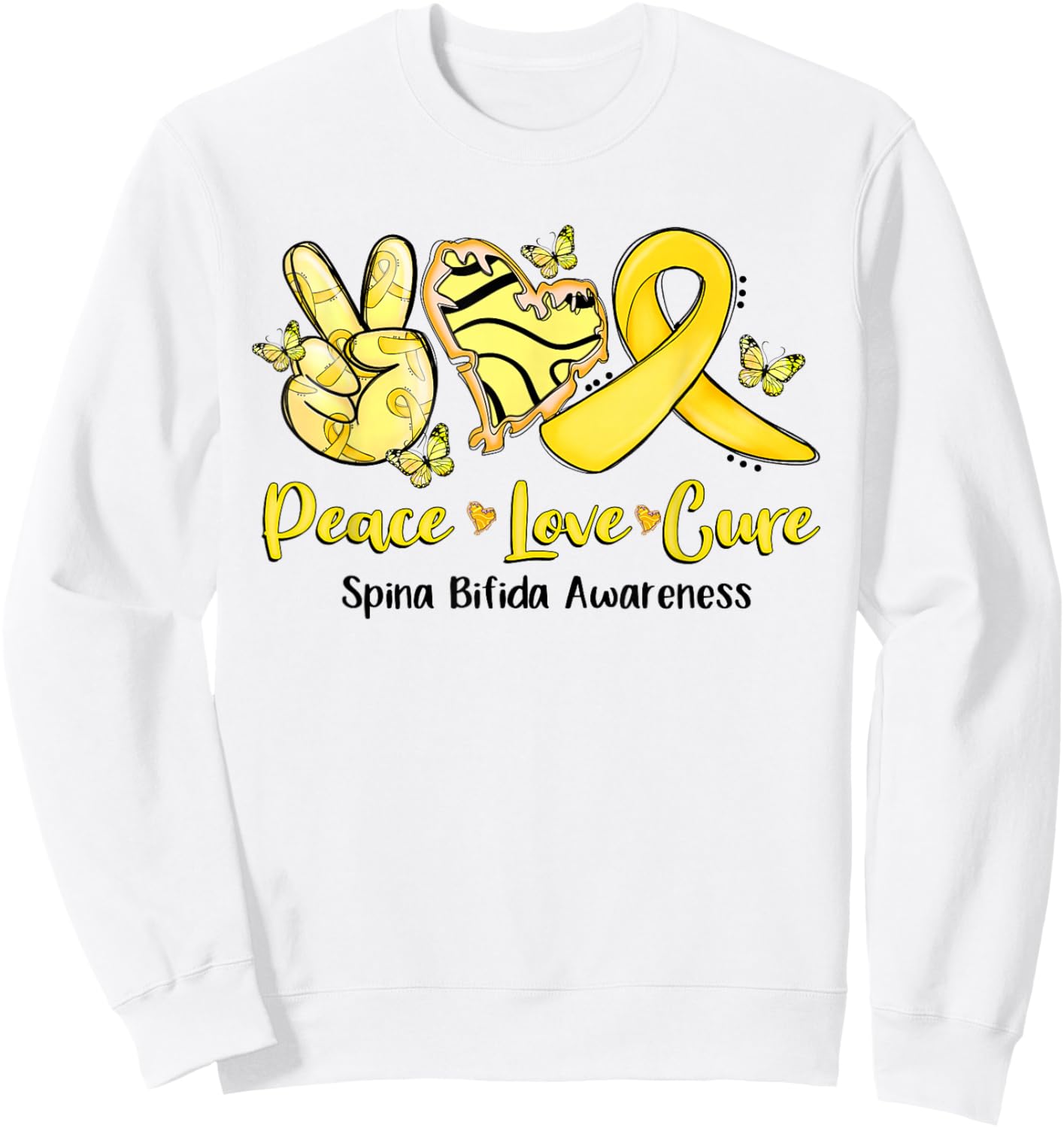 Peace Love Cure Yellow Ribbon Spina Bifida Awareness Sweatshirt - Sweatshirt | White