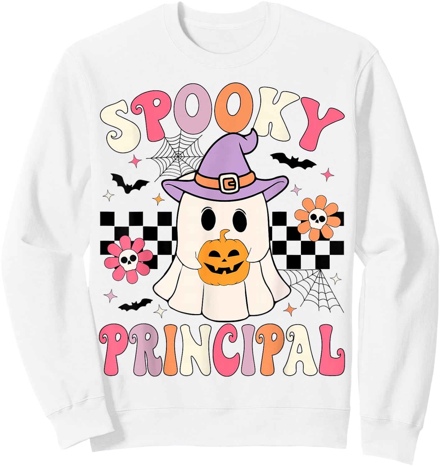 Groovy Spooky Principal Ghost Pumpkin Halloween Principal Sweatshirt - Sweatshirt | White