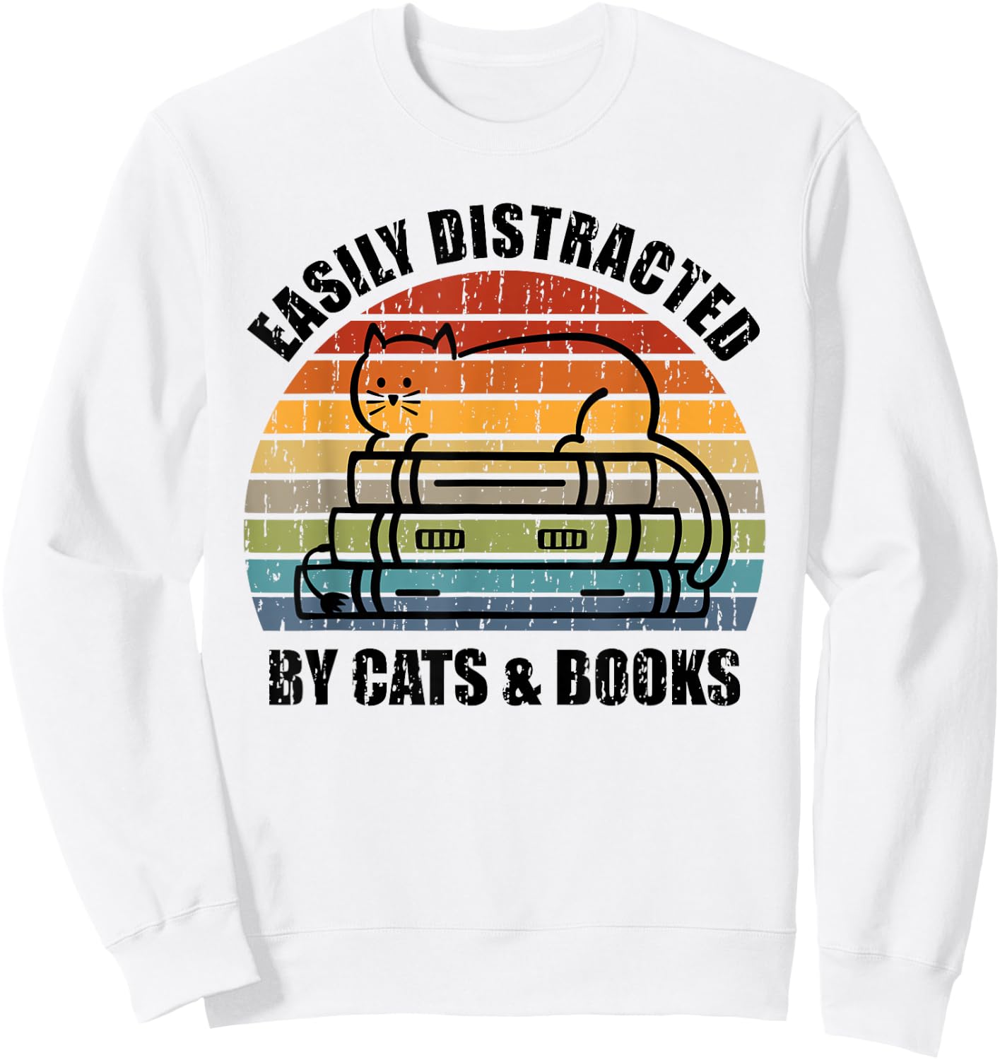 Easily Distracted by Cats and Books - Retro Cat & Book Lover Sweatshirt - Sweatshirt | White