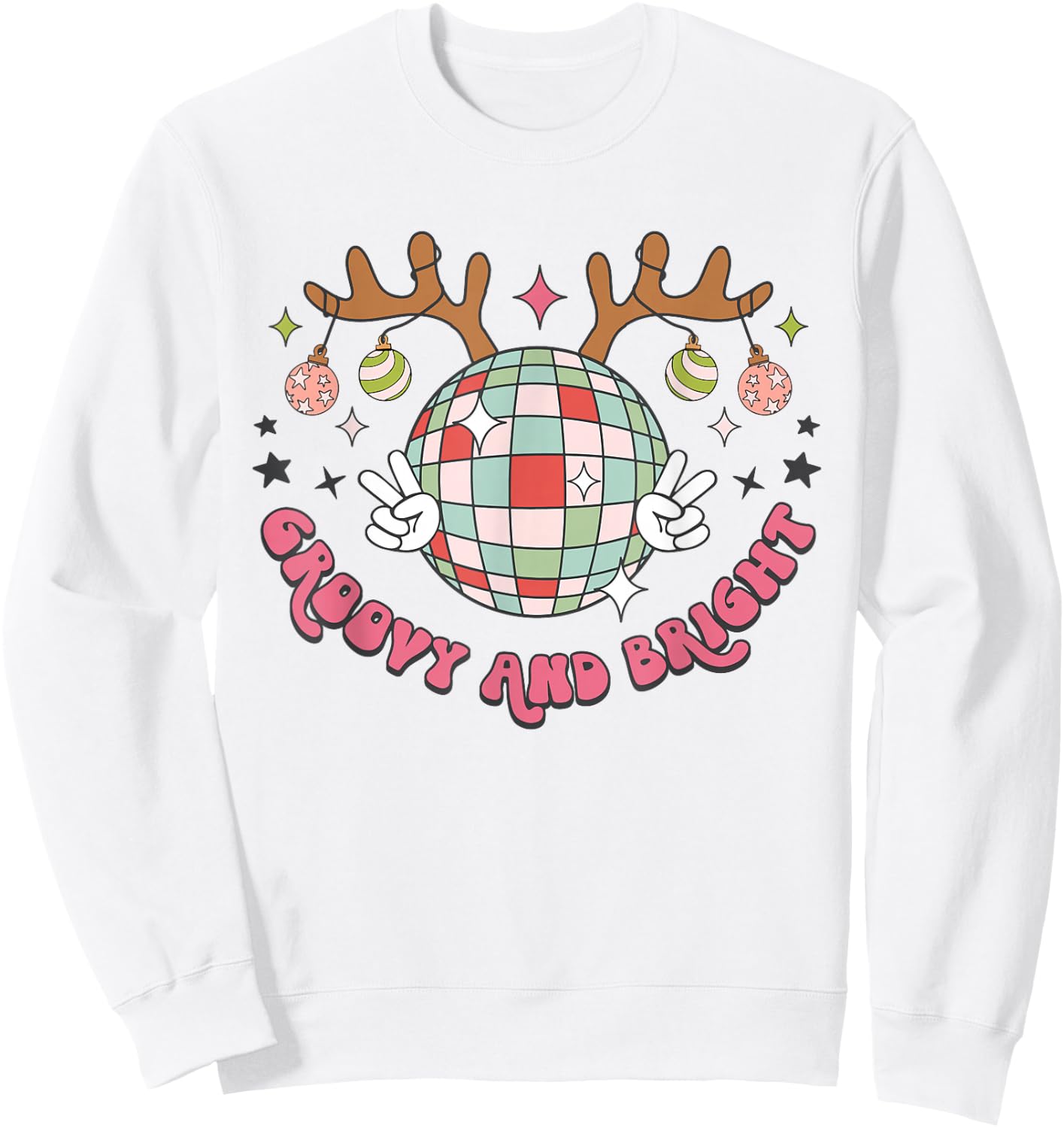 Groovy And Bright Merry Christmas Disco Ball Reindeer Sweatshirt - Sweatshirt | White