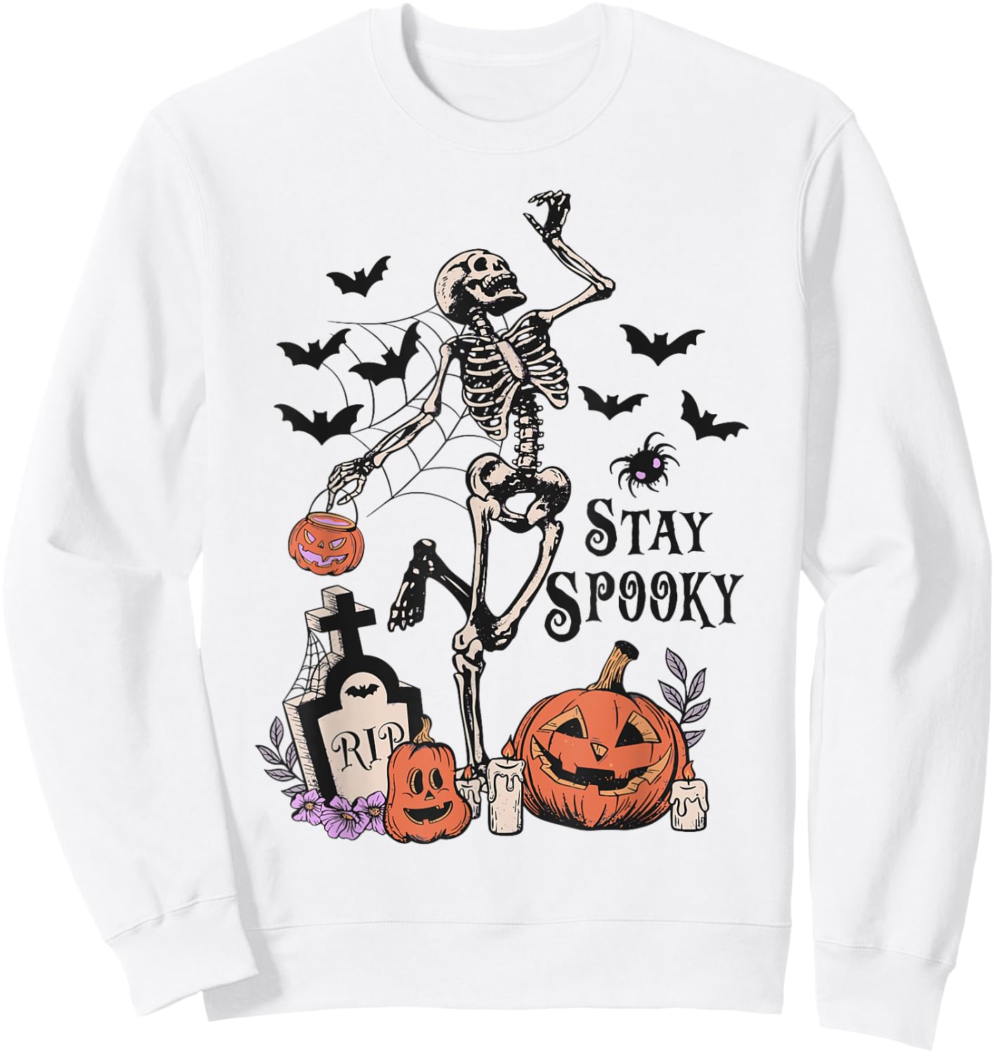 Dancing Skeleton Pumpkin Bat Tombstone Spooky Halloween Sweatshirt - Sweatshirt | White