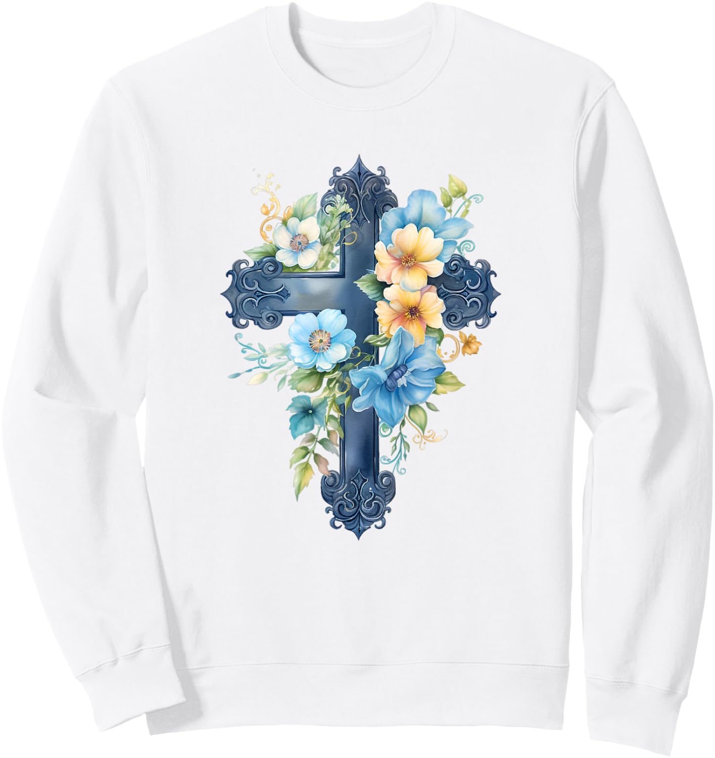 Catholic Watercolor Cross Graphic Women Floral Aesthetic Sweatshirt - Sweatshirt | White