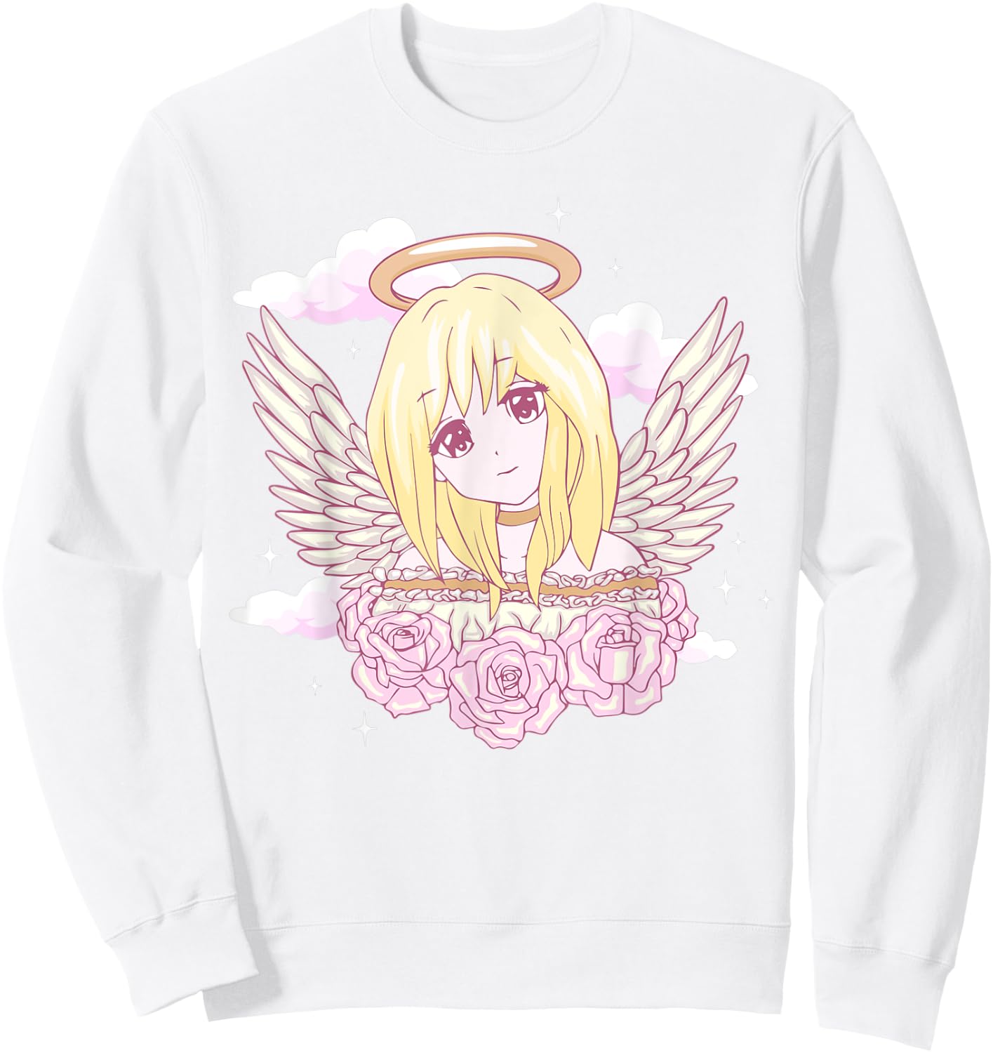 Angelcore Aesthetic Anime Girl Roses Angel Halo Sweatshirt - Sweatshirt | White