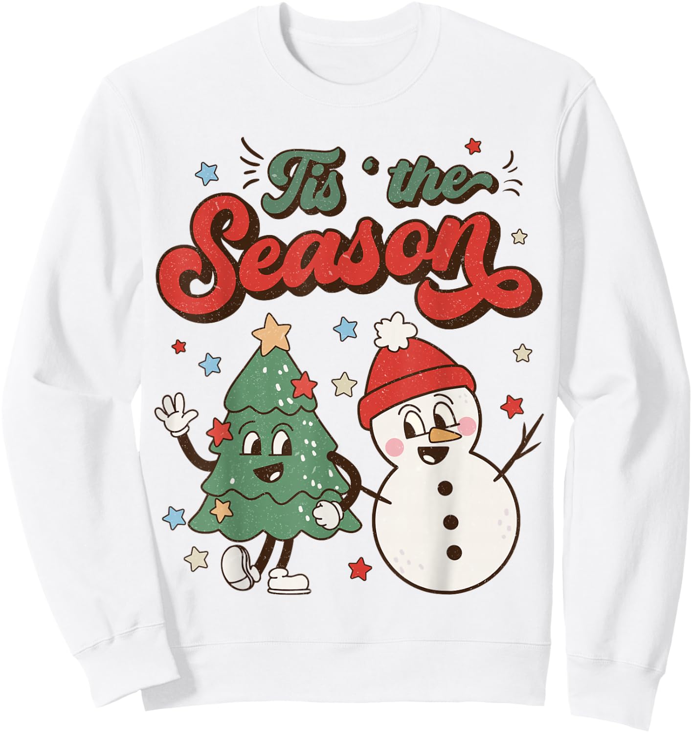Vintage Christmas Tis The Season Christmas Tree Snowman Sweatshirt - Sweatshirt | White