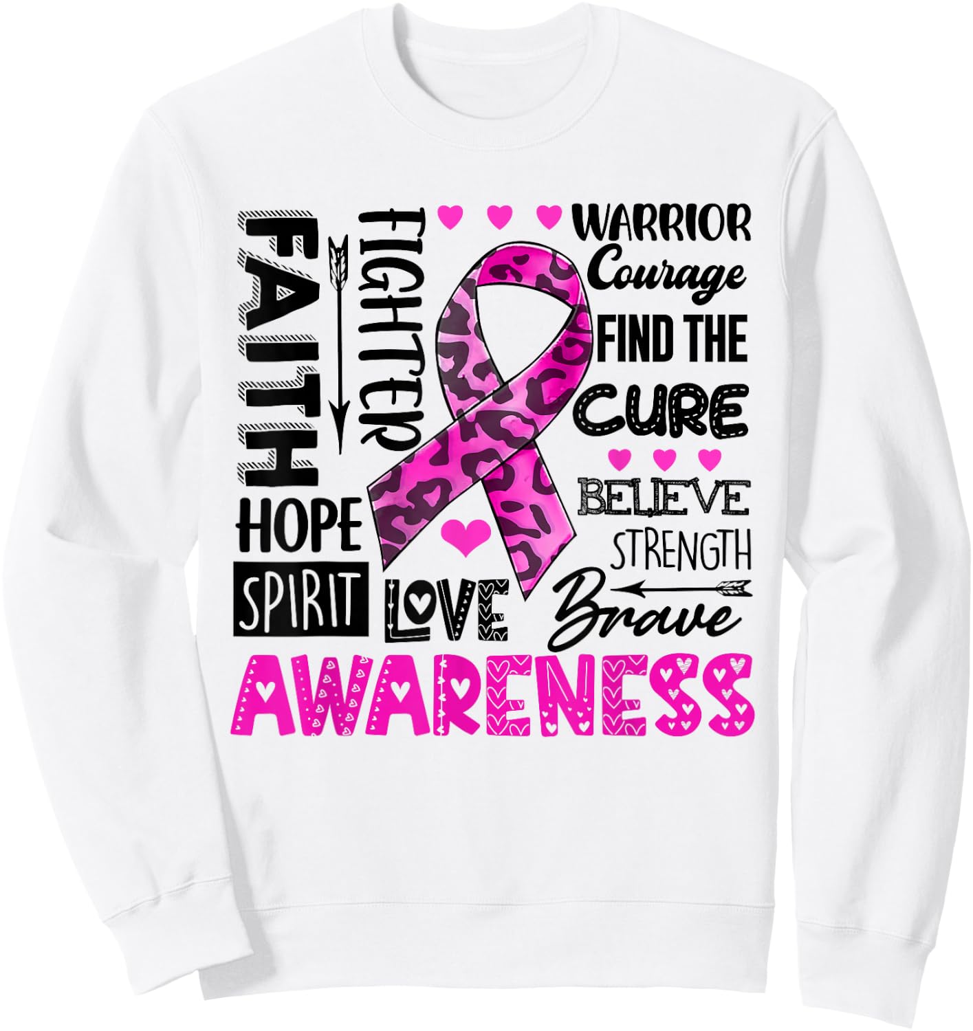 Breast Cancer Awareness Survivor Warrior Leopard Pink Ribbon Sweatshirt - Sweatshirt | White
