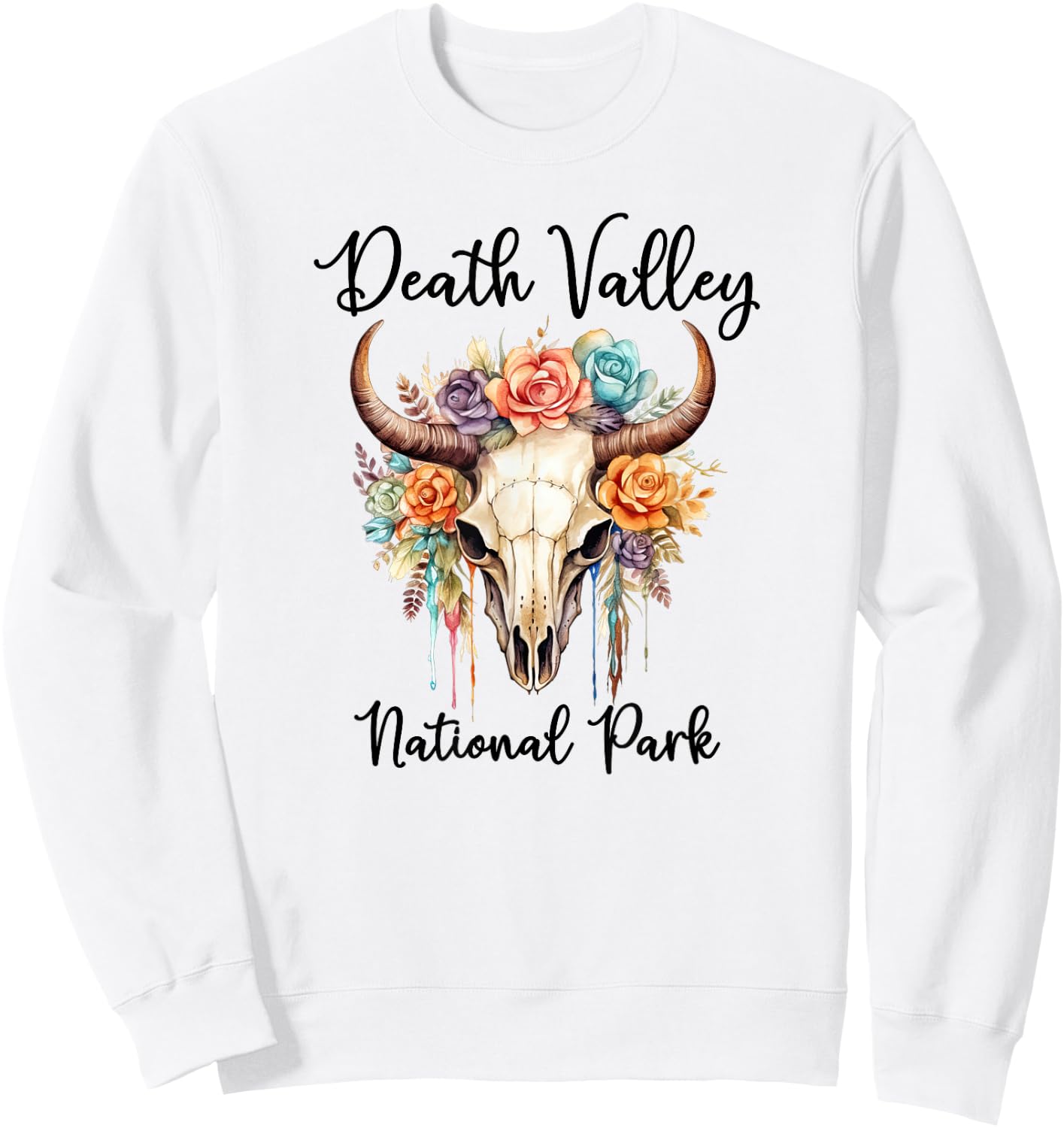 DEATH VALLEY NATIONAL PARK Skull with Colorful Flowers Sweatshirt - Sweatshirt | White