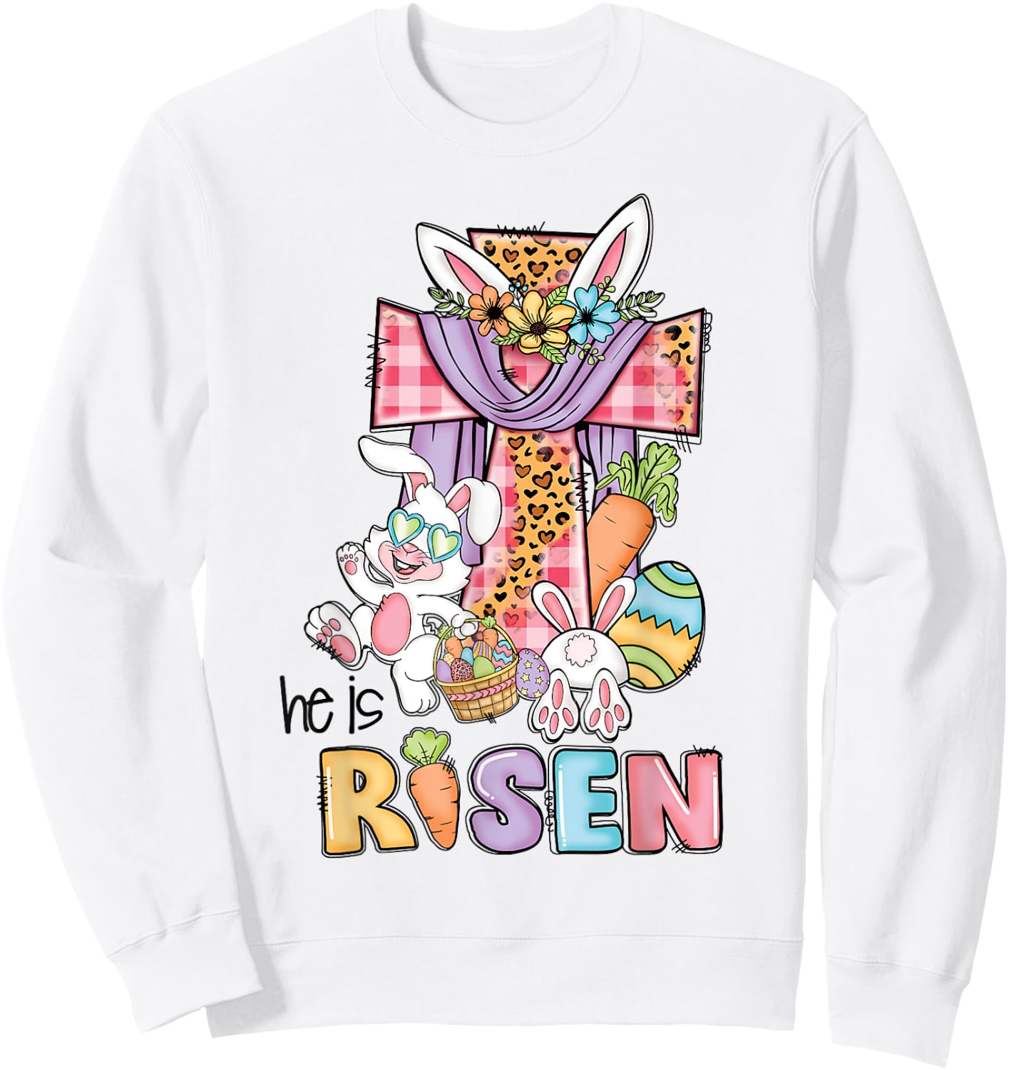 He is Risen Floral Cross Vintage Happy Easter Day Sweatshirt - Sweatshirt | White