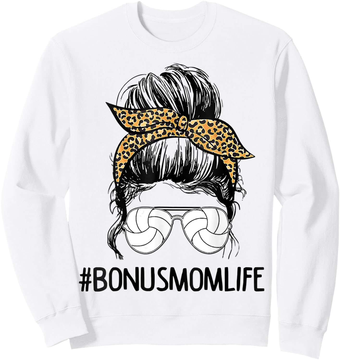 Volleyball Bonus Mom Life Messy Bun Leopard Mother’s Day Sweatshirt - Sweatshirt | White