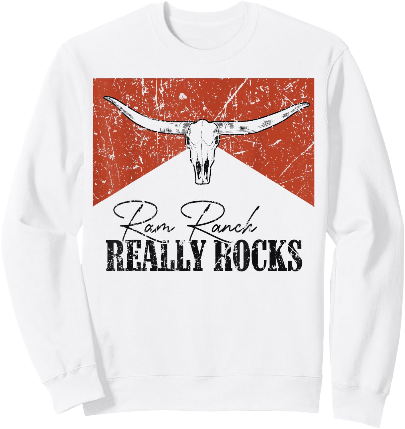 Vintage Bull Skull Ram Ranch Really Rocks Western Country Sweatshirt - Sweatshirt | White