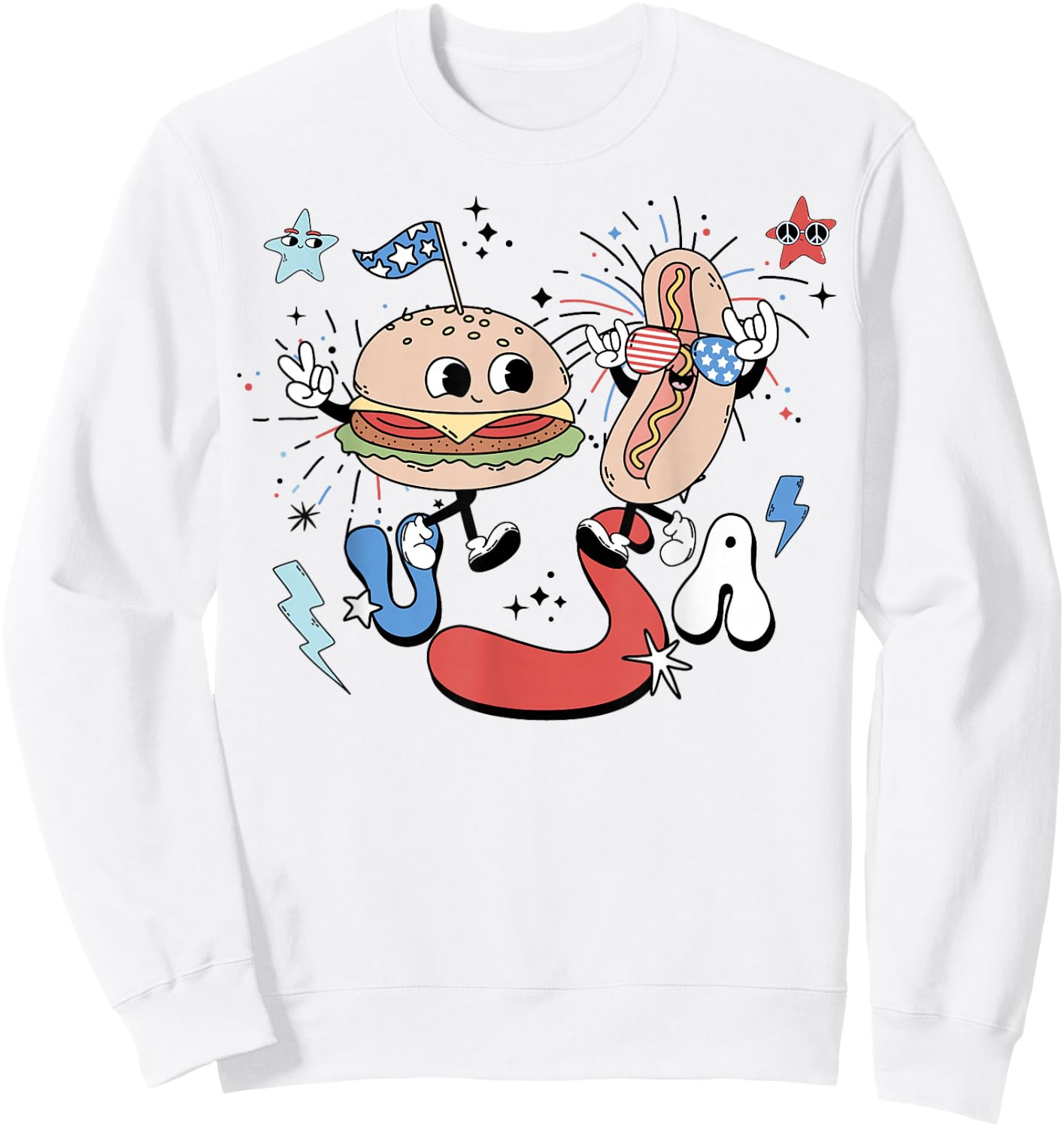 Retro USA Groovy 4th Of July Funny Hot Dog Hamburger US Flag Sweatshirt - Sweatshirt | White