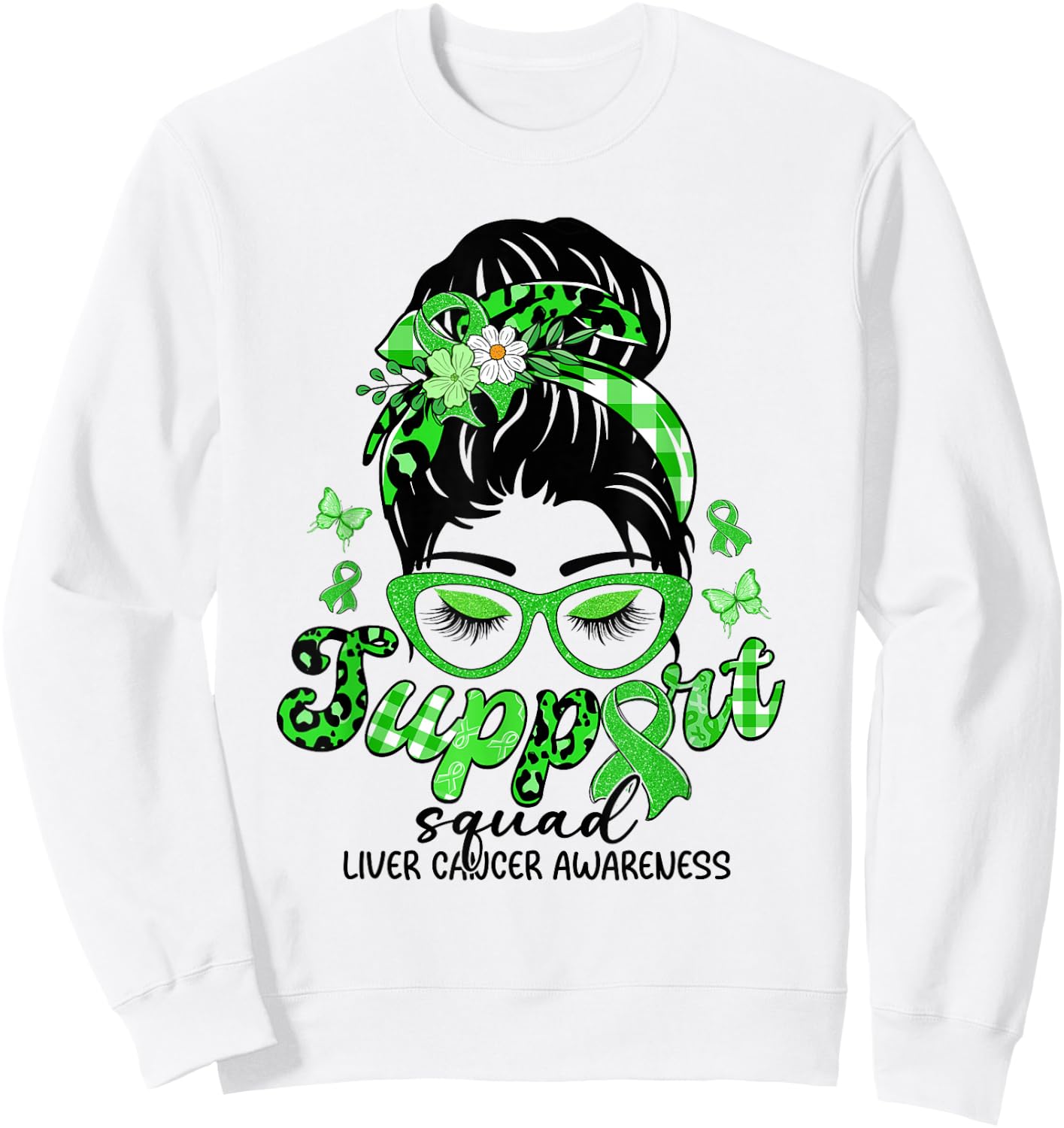 Support Squad Messy Bun Leopard Liver Cancer Awareness Sweatshirt - Sweatshirt | White