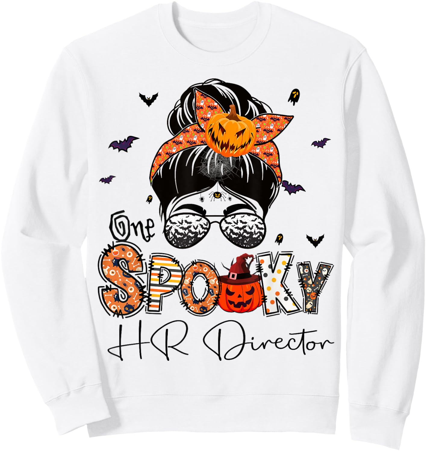 One Spooky HR Director Messy Bun Women Pumpkin Halloween Sweatshirt - Sweatshirt | White