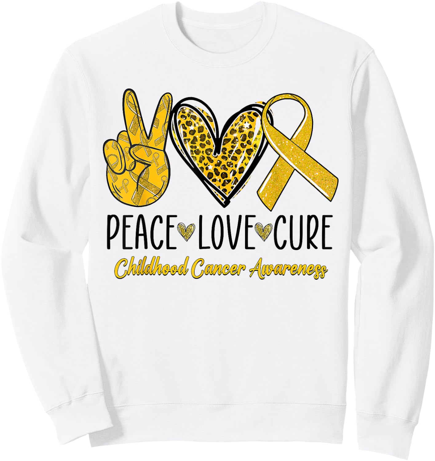 Peace Love Cure Childhood Cancer Awareness Gold Ribbon Sweatshirt - Sweatshirt | White