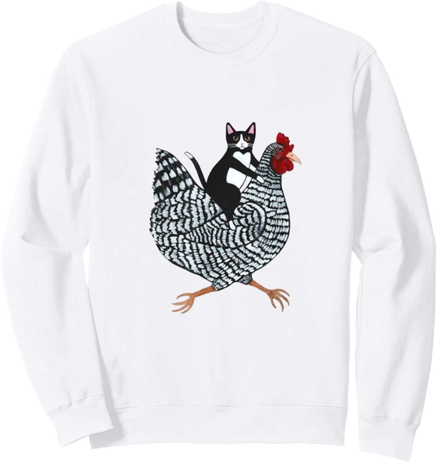 Cat on a Chicken - -Adults, Black, Medium, Short Sleeve, Animal Print, Classic Fit Sweatshirt - Sweatshirt | White