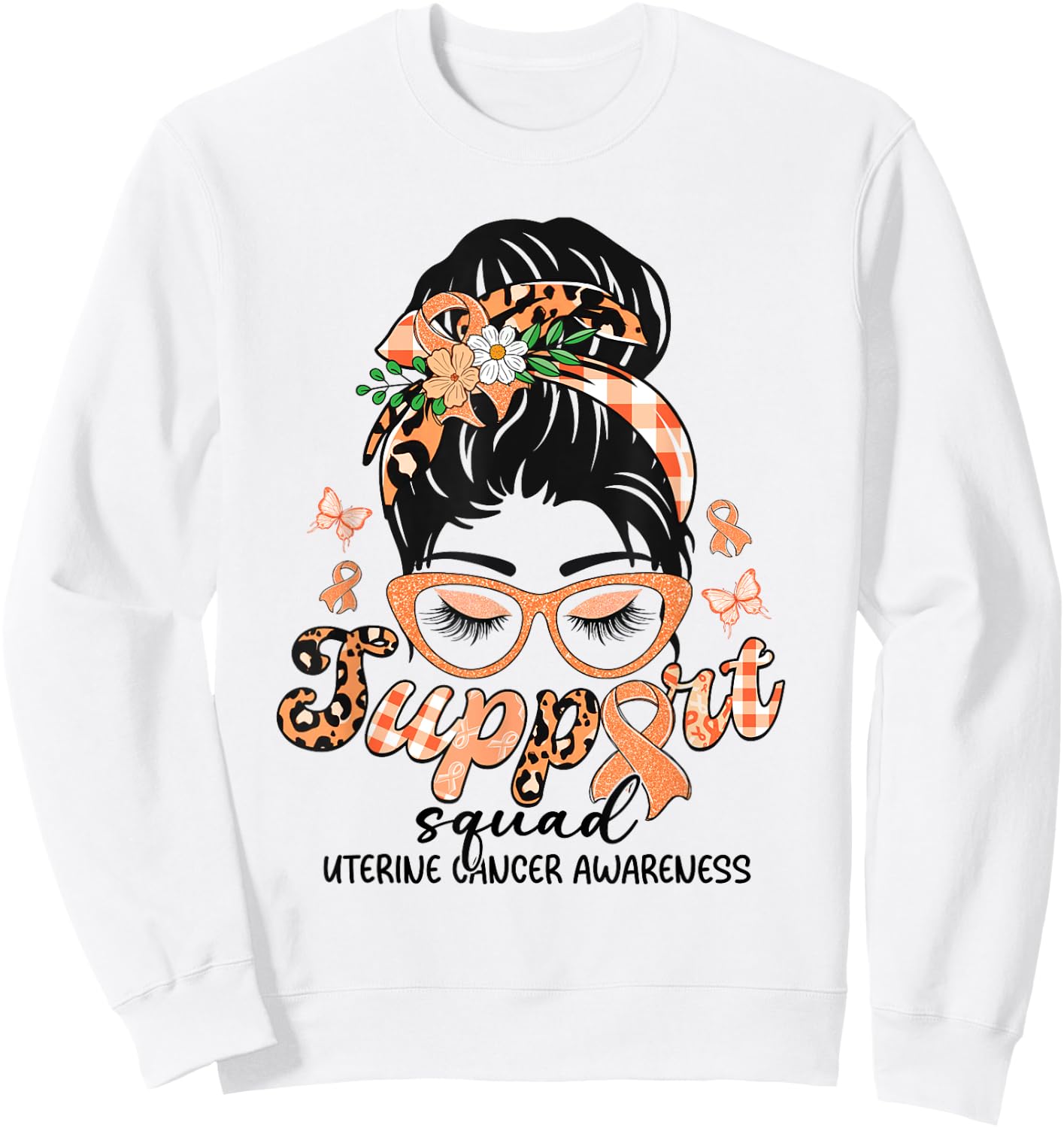 Support Squad Messy Bun Leopard Uterine Cancer Awareness Sweatshirt - Sweatshirt | White