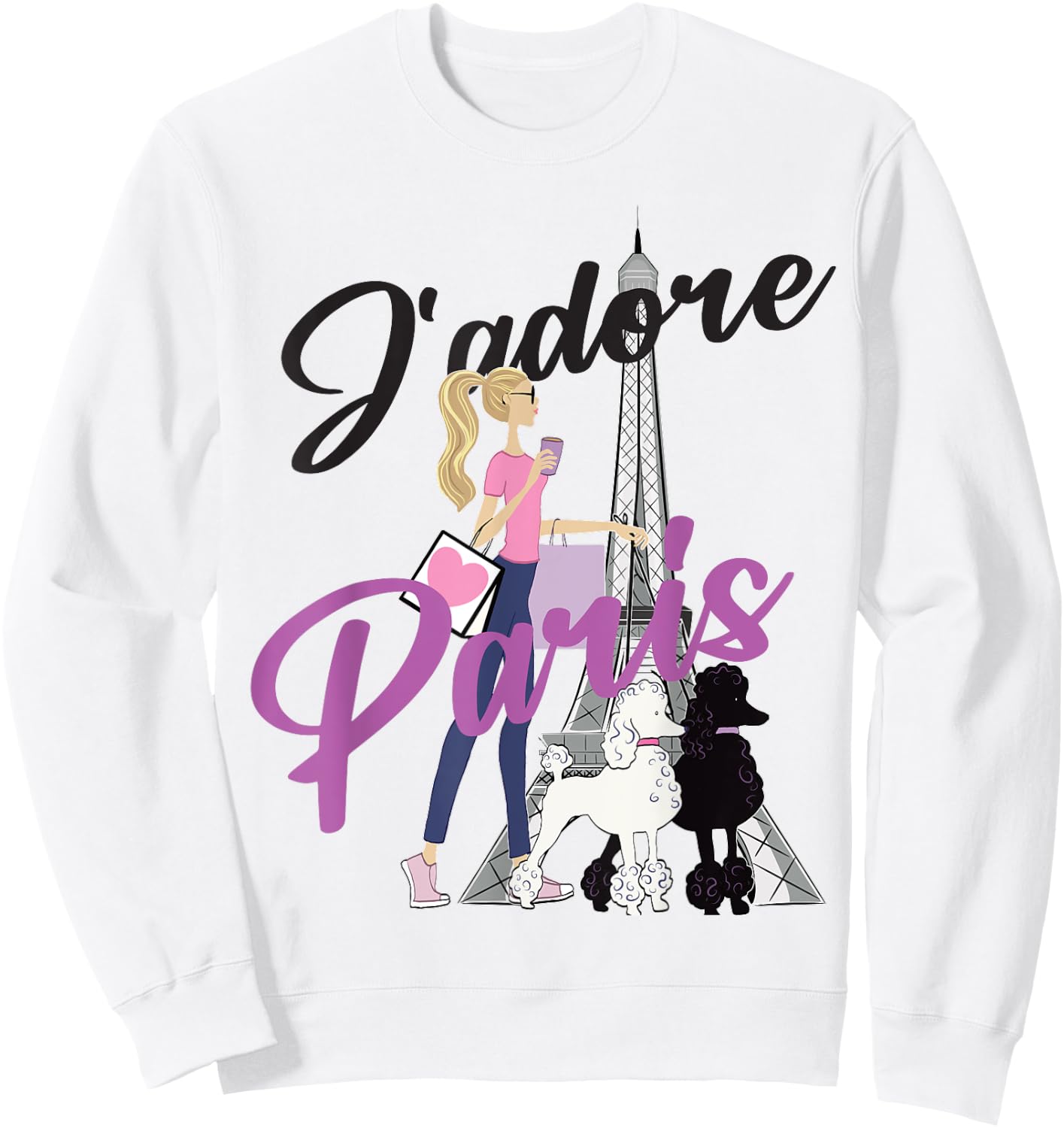 I Love Paris, Woman Walking Poodles By Eiffel Tower Sweatshirt - Sweatshirt | White