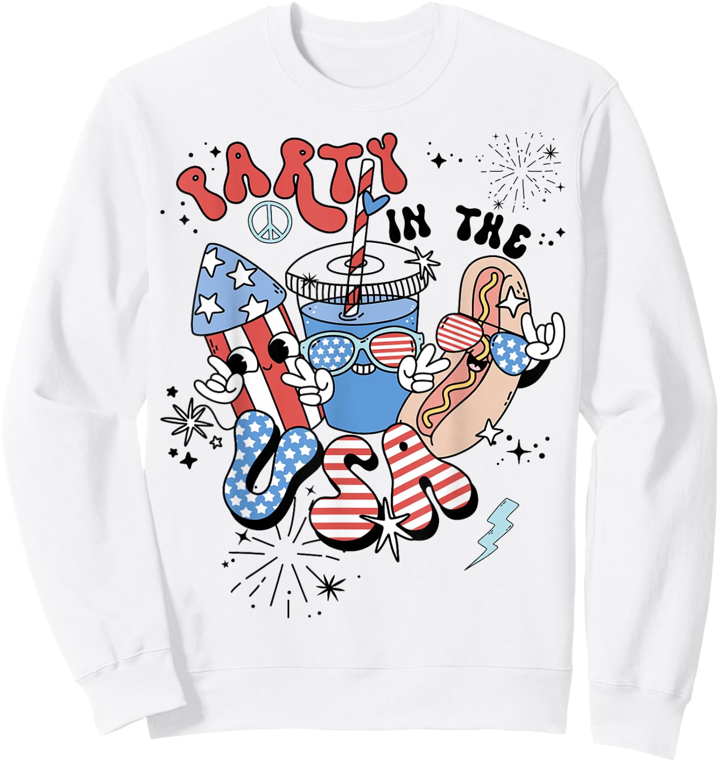 Retro Party in The USA Flag Groovy 4th of July Patriotic Sweatshirt - Sweatshirt | White