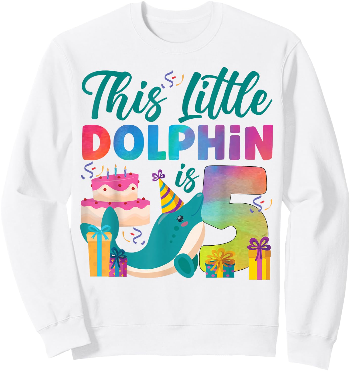 Dolphin 5th Birthday Watercolor This Little Dolphin Is 5 Sweatshirt - Sweatshirt | White