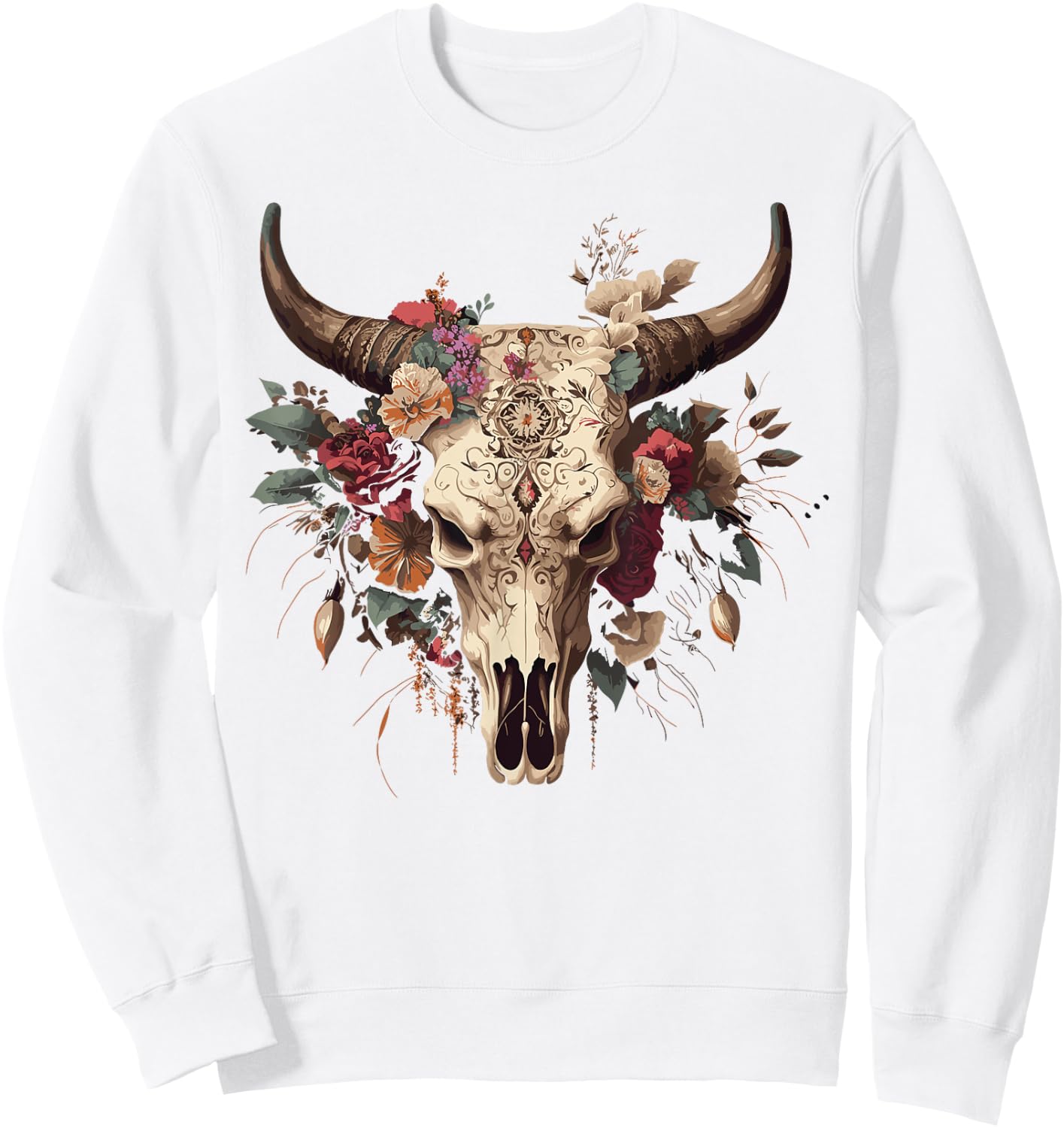 Highland Western Boho Cow Bull Skull Sunflower Cattle Animal Sweatshirt - Sweatshirt | White