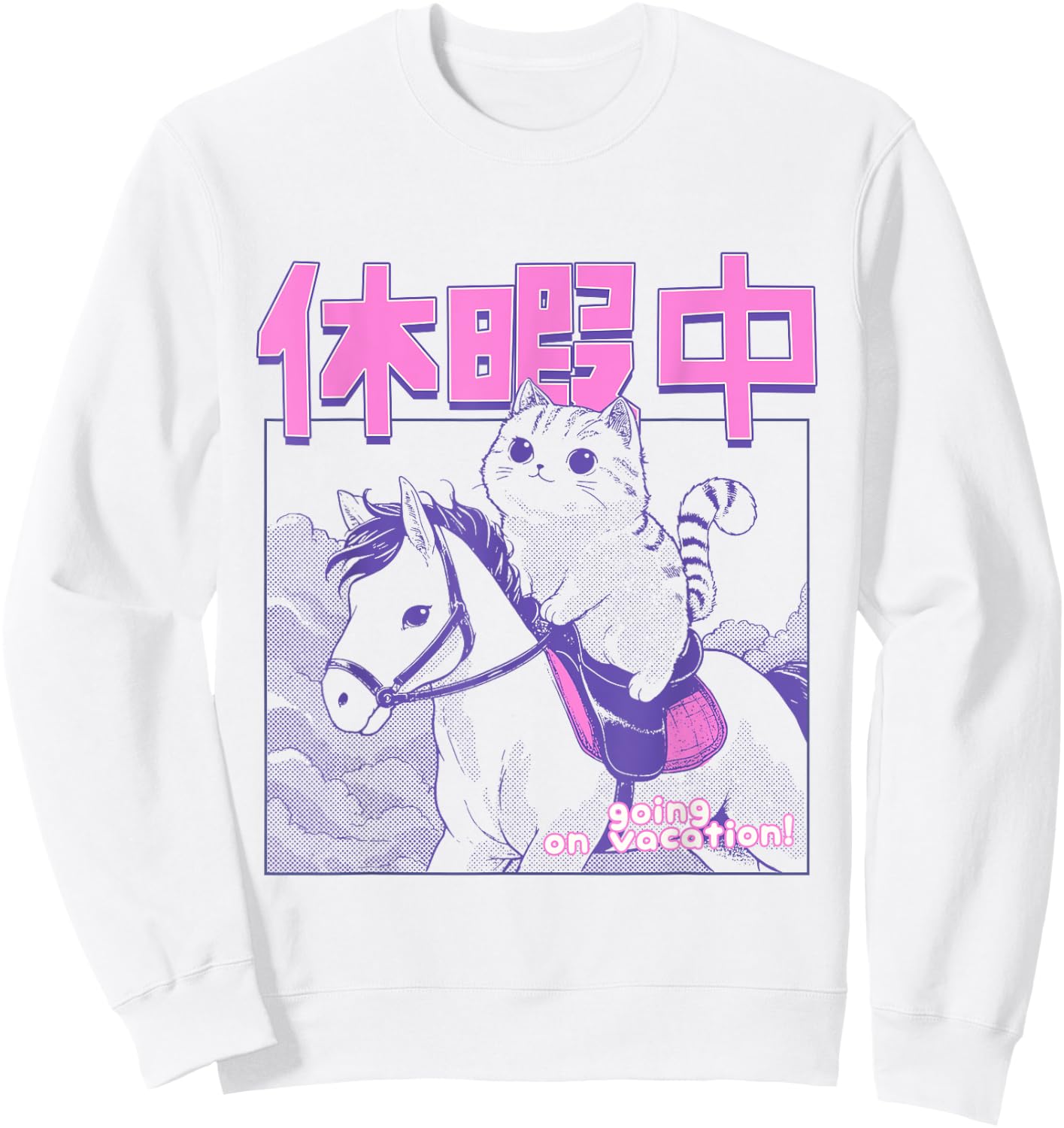 Kawaii Japanese Cat Riding Horse Vacation Anime Cat Lover Men Women Girls Kids Sweatshirt - Sweatshirt | White