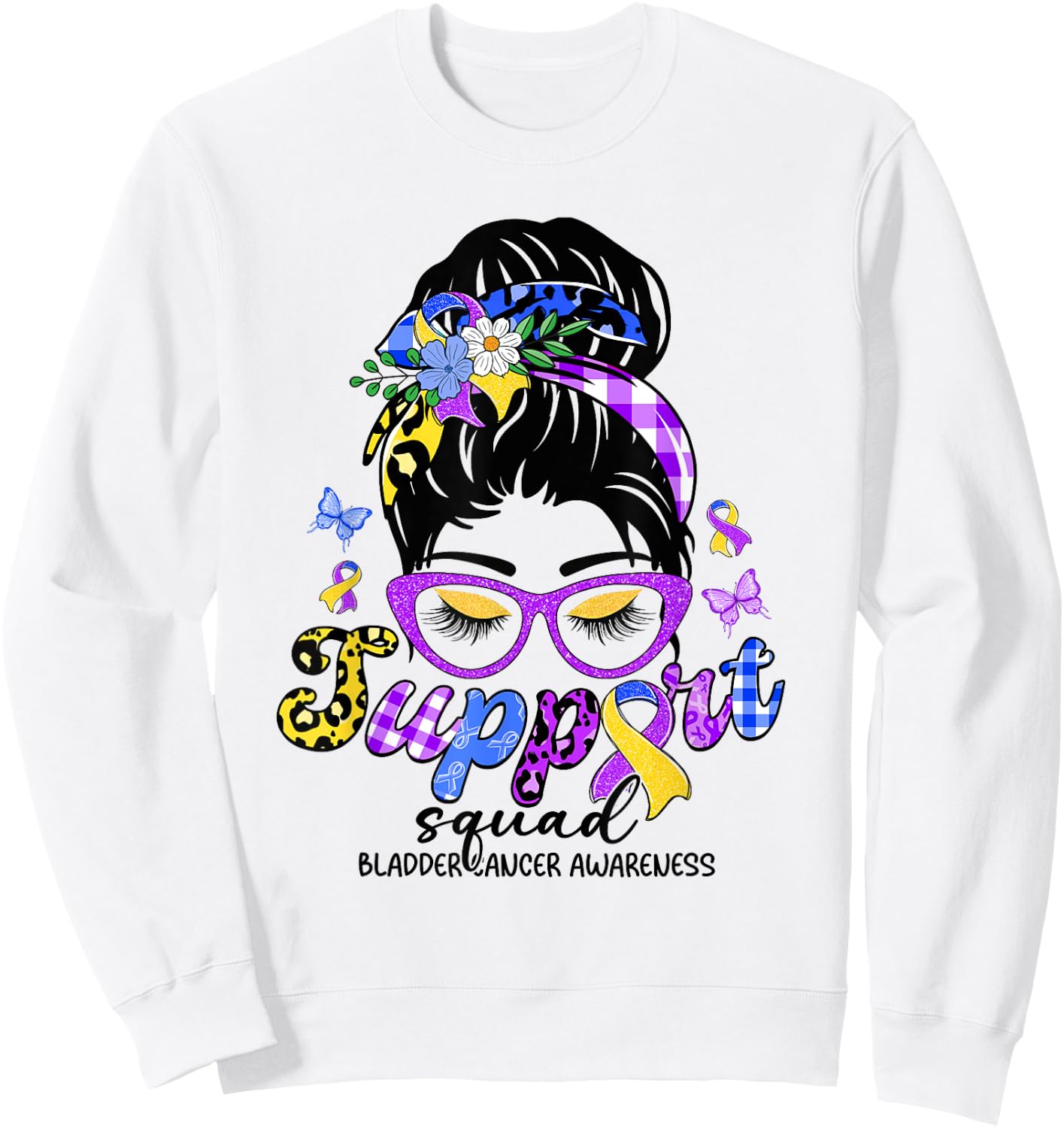 Support Squad Messy Bun Leopard Bladder Cancer Awareness Sweatshirt - Sweatshirt | White