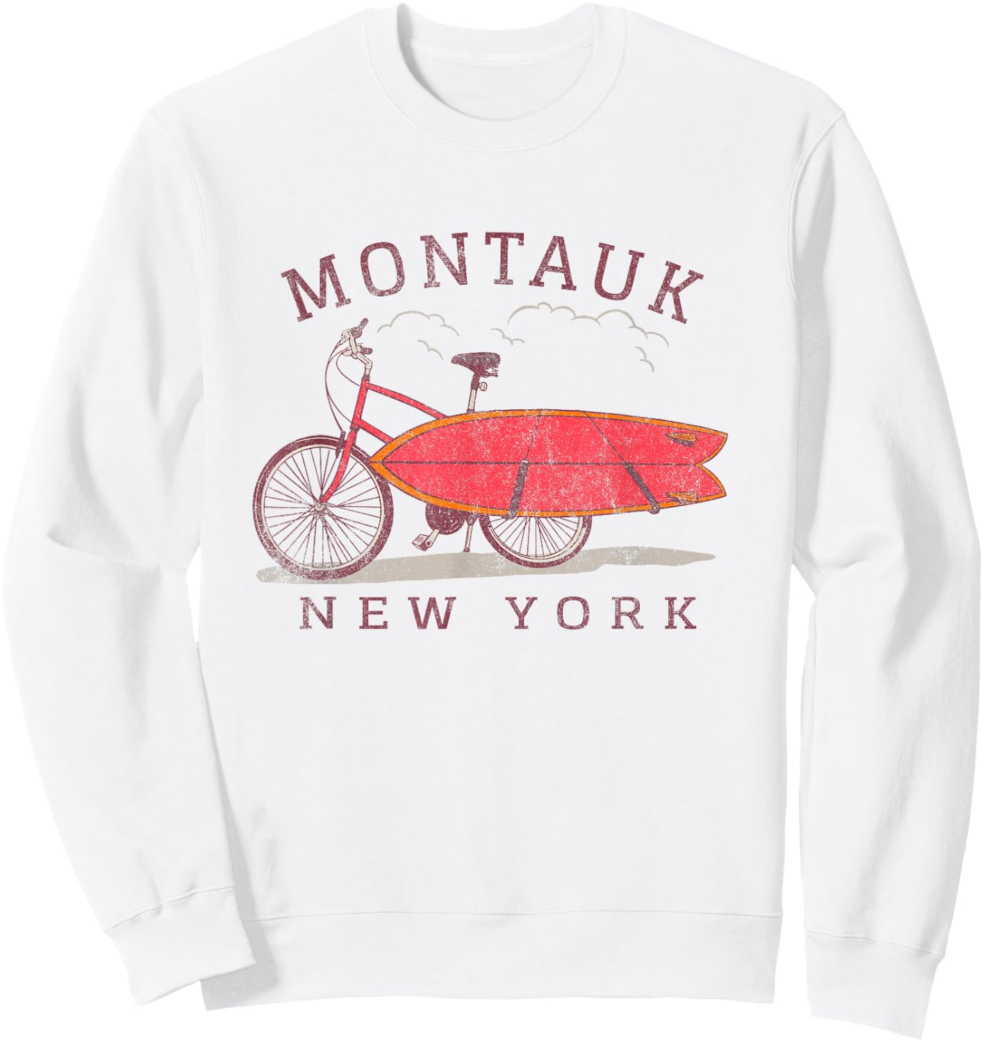 Retro Montauk New York NY Surfing Fan Surfboard Bicycle Art Sweatshirt - Sweatshirt | White