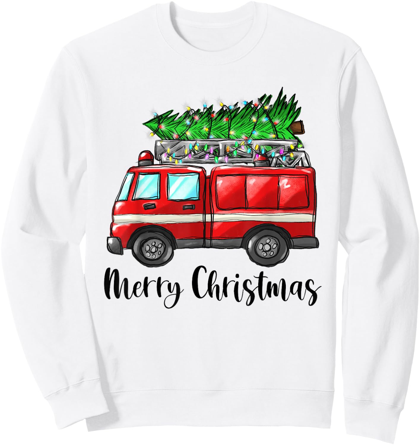 Fire Truck Christmas Tree Light Firefighter Pajama Xmas Sweatshirt - Sweatshirt | White