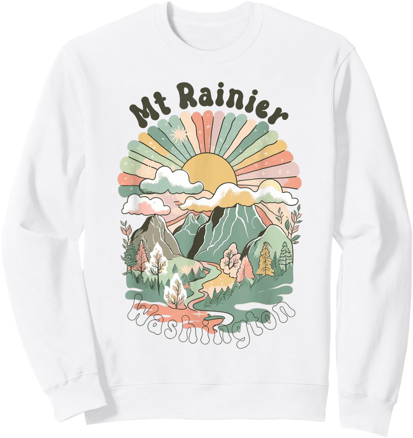 Vintage Mt Rainier Washington Mountains Hiking Sunset Groovy Sweatshirt - Sweatshirt | White