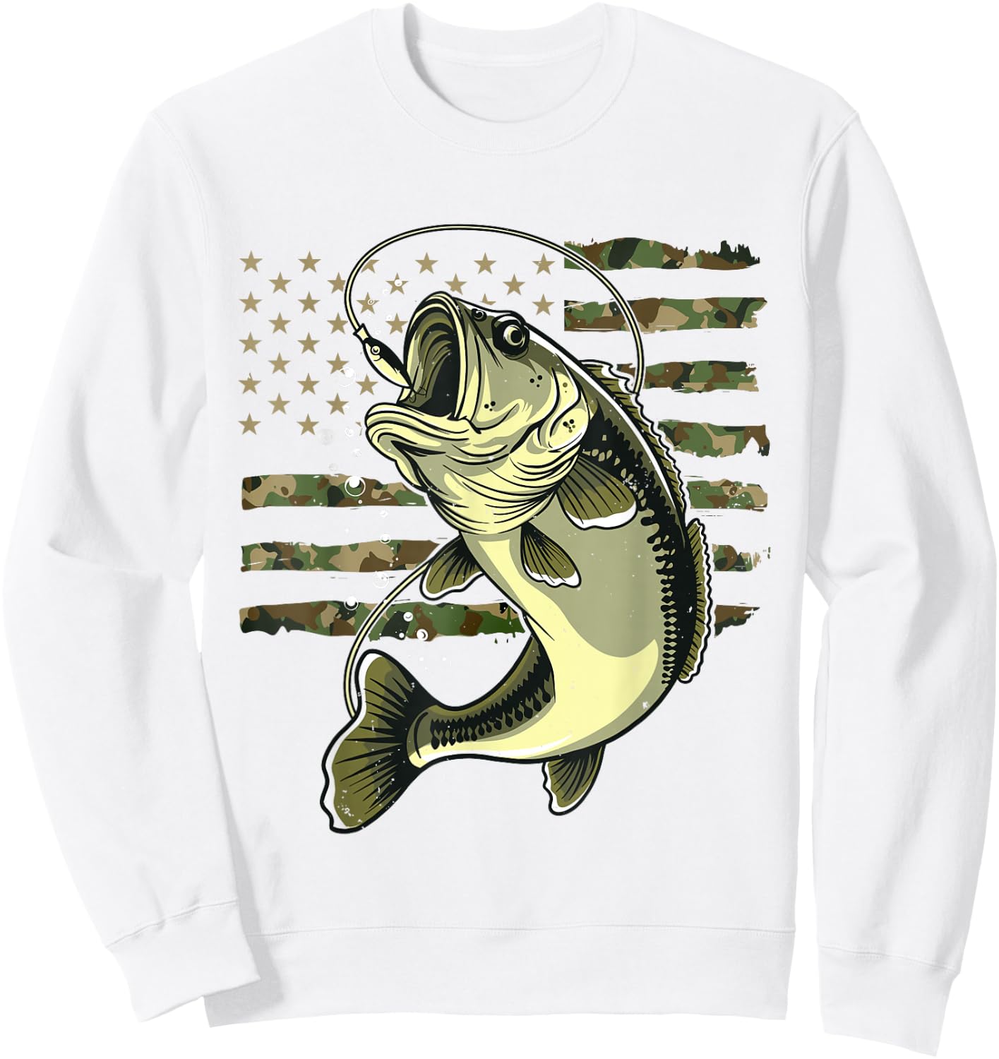 Bass Fish Fishing USA American Flag Camouflage Fisherman Sweatshirt - Sweatshirt | White
