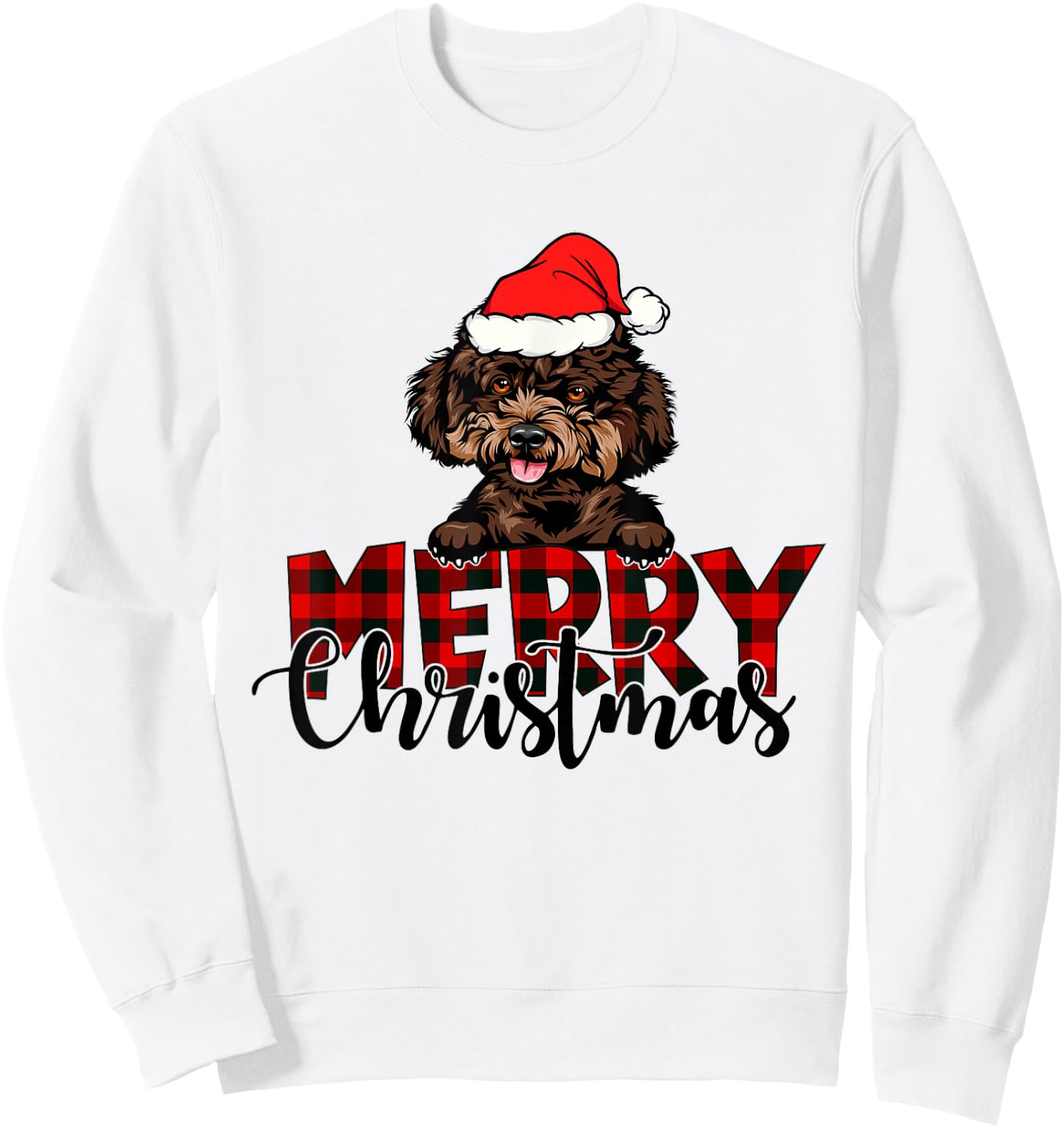 Merry Christmas Poodle Dog Christmas Red Plaid Santa Hat Sweatshirt - Sweatshirt | White