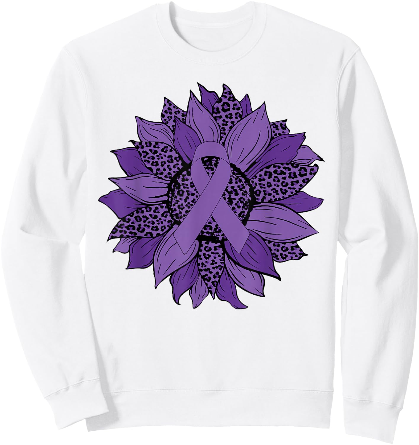 Leopard Sunflower Purple Ribbon Fibromyalgia Awareness Month Sweatshirt - Sweatshirt | White