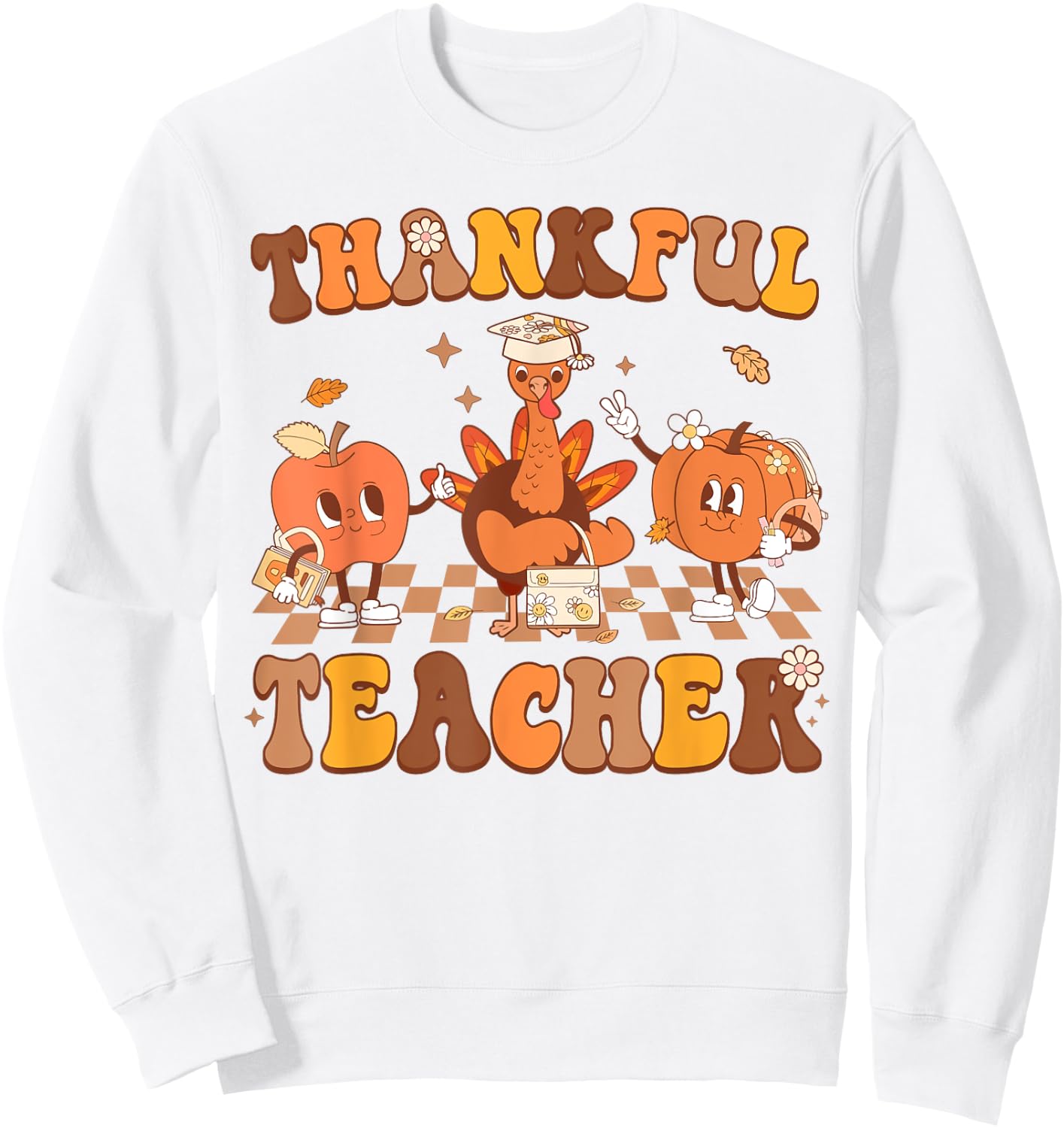 Thankful Teacher Retro Groovy Thanksgiving Fall Women Men Sweatshirt - Sweatshirt | White