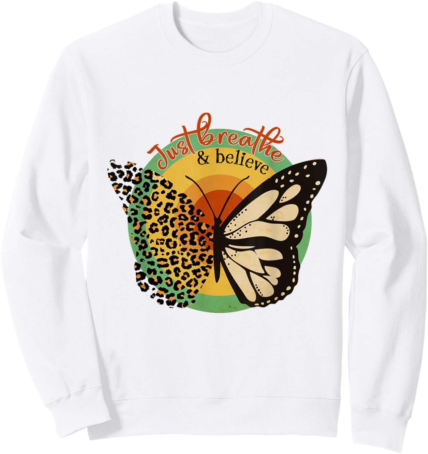 Just Breathe & Believe Keep Calm Leopard Print Butterfly Sweatshirt - Sweatshirt | White