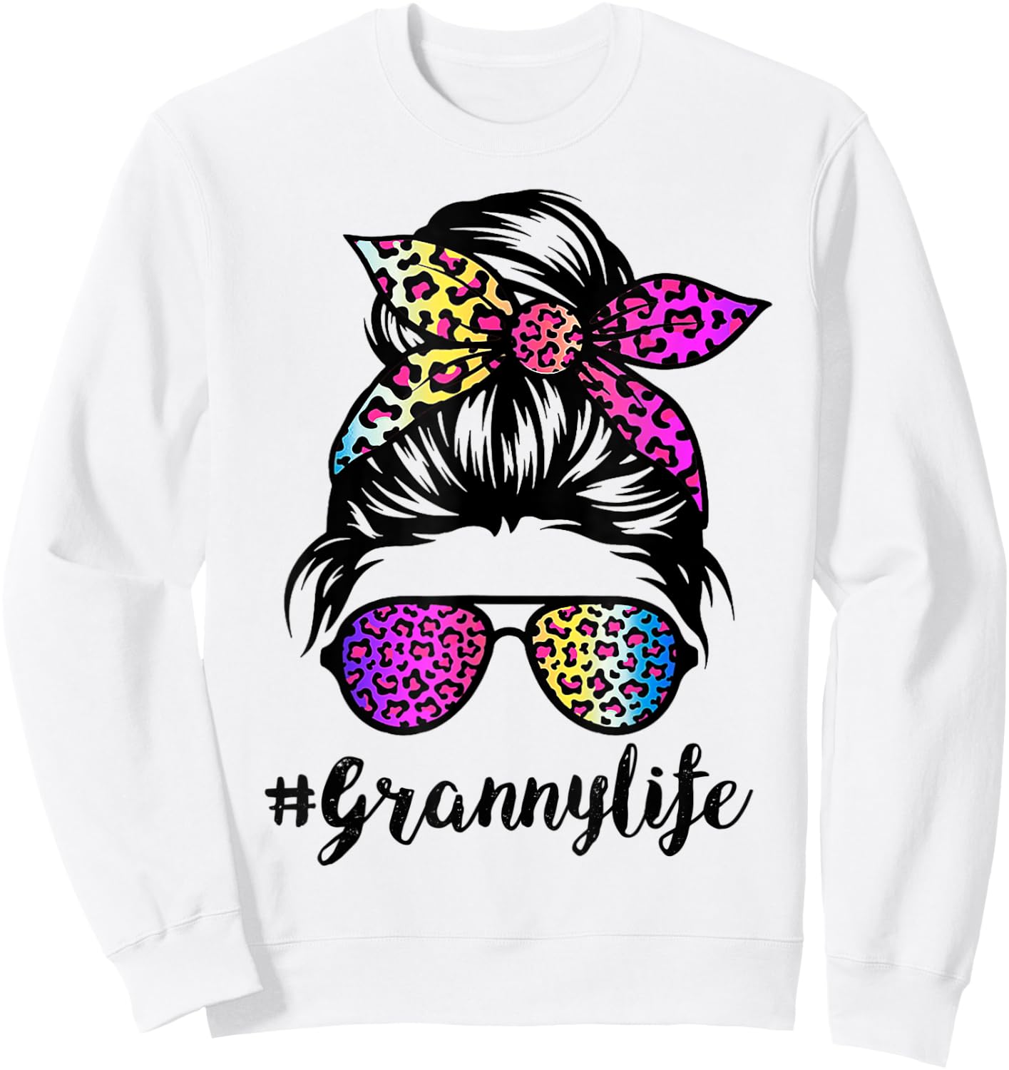 Granny life with Rainbow Leopard Messy Bun Mother's Day Sweatshirt - Sweatshirt | White