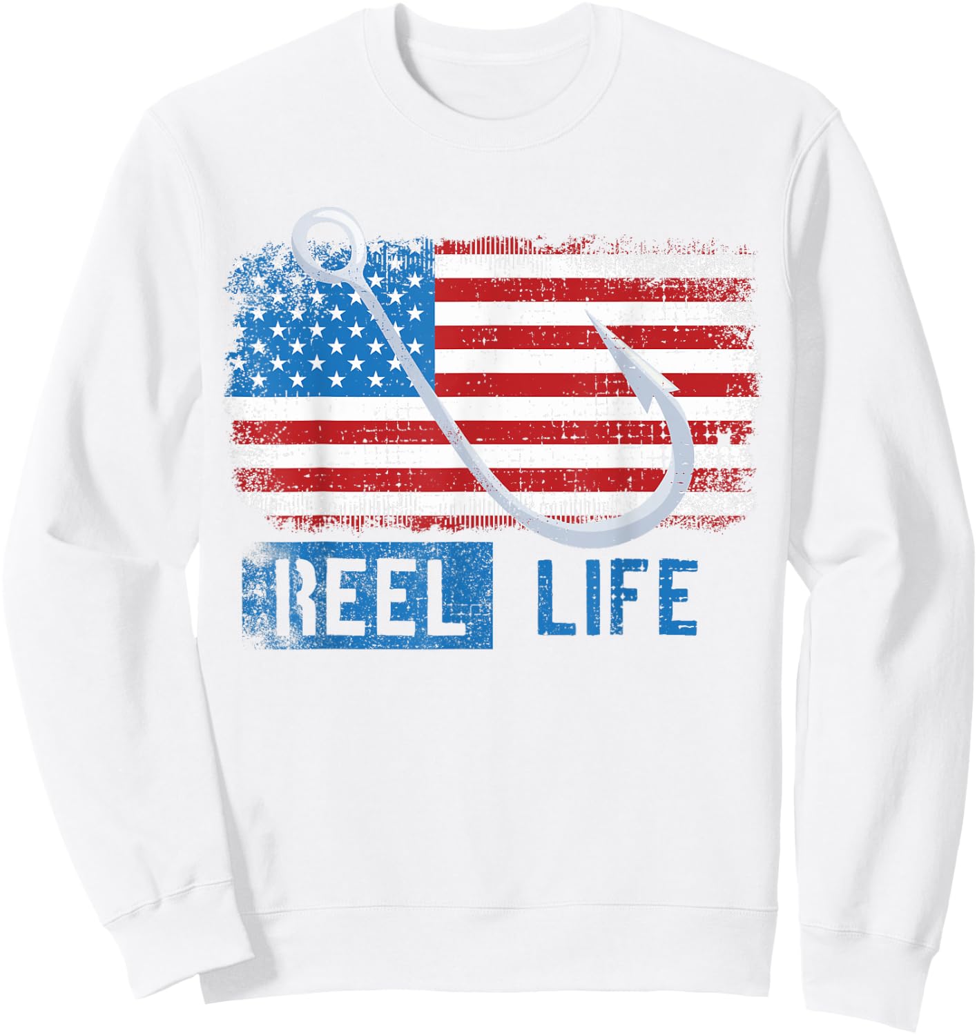 Grunge American Flag Fisherman Graphic, Fishing Reel Life Sweatshirt - Sweatshirt | White