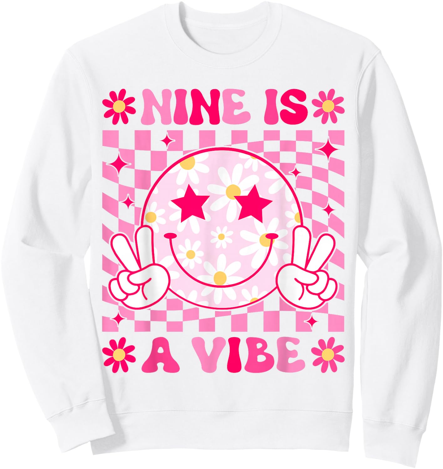 Nine is A Vibe Birthday Groovy 9 Year Old Girls 9th Birthday Sweatshirt - Sweatshirt | White