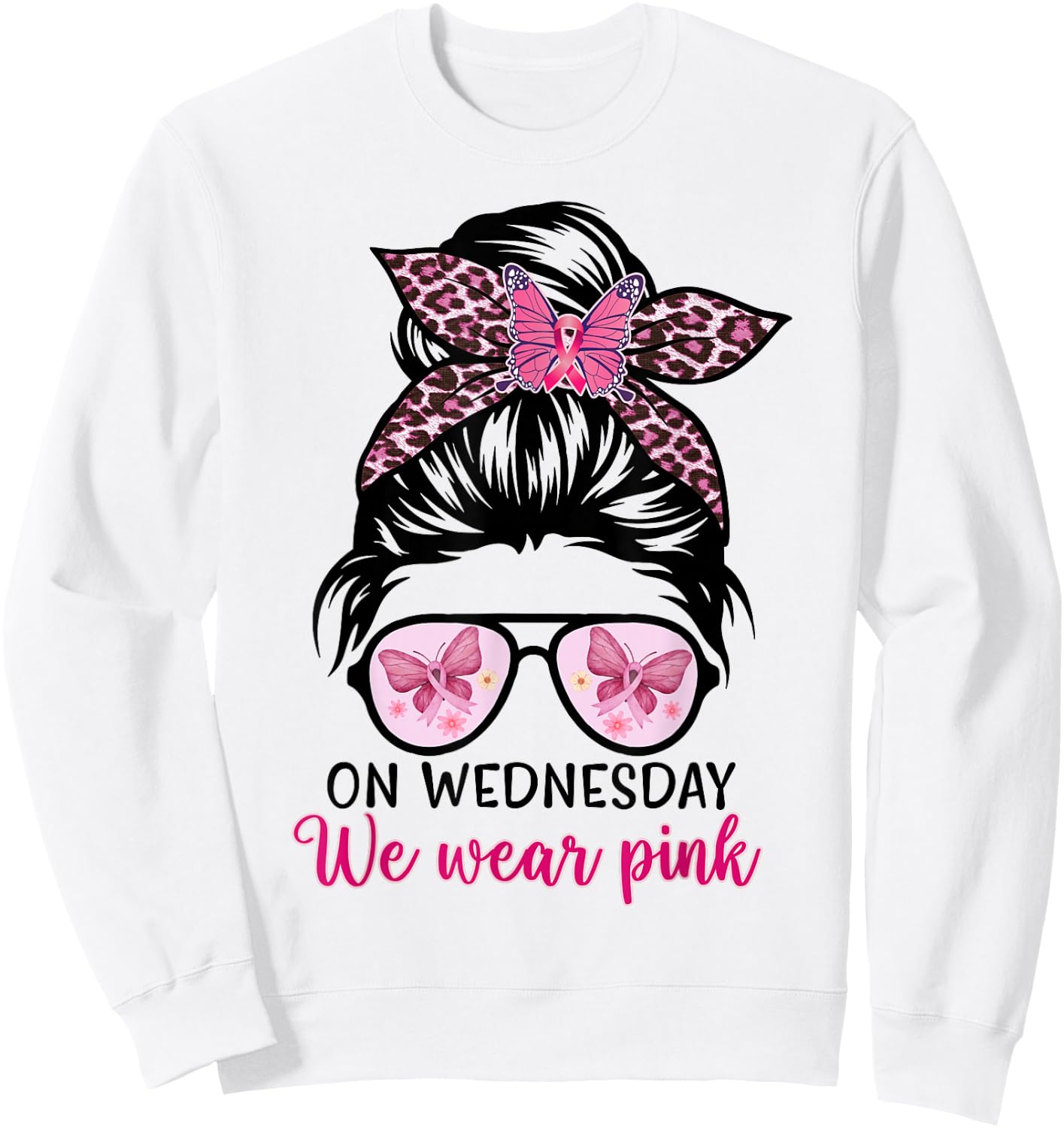On Wednesday We Wear Pink Messy Bun, Leopard Breast Cancer Sweatshirt - Sweatshirt | White
