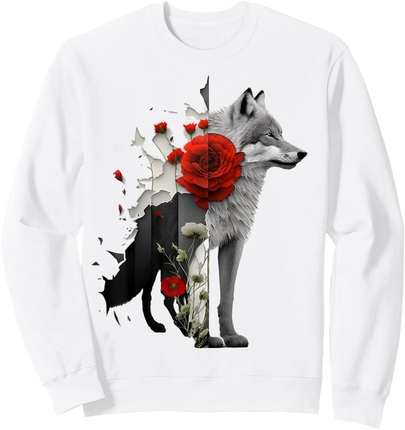 Wolf Rose Flower Animal Motif Art Animal Print Art Sweatshirt - Sweatshirt | White