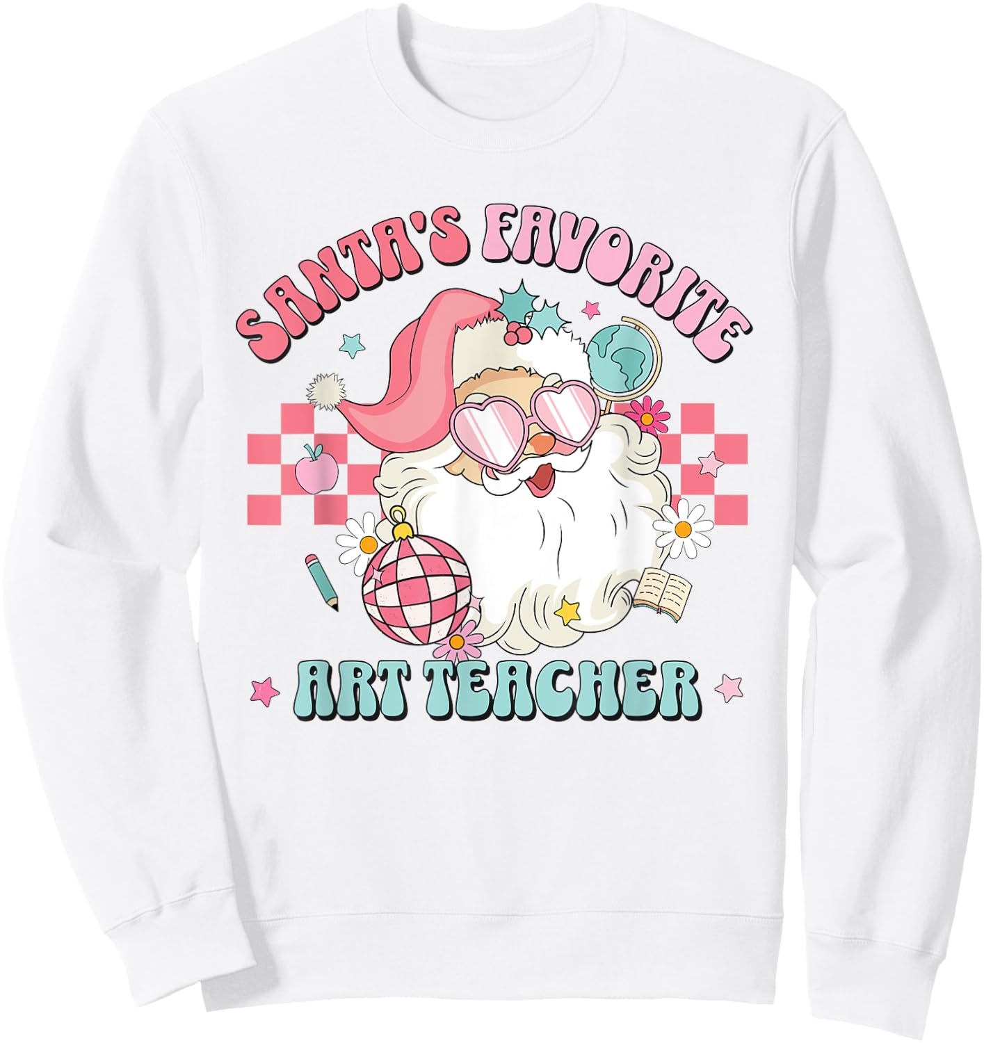 Retro Pink Christmas Santa's Favorite Art Teacher Artist Sweatshirt - Sweatshirt | White