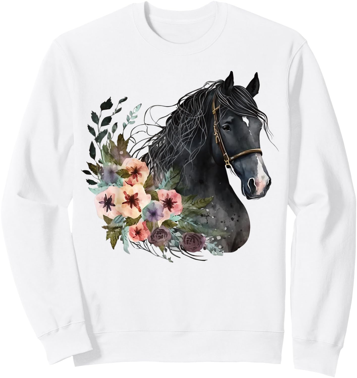 Horse Head Watercolor Equestrian Horse With Flowers Sweatshirt - Sweatshirt | White