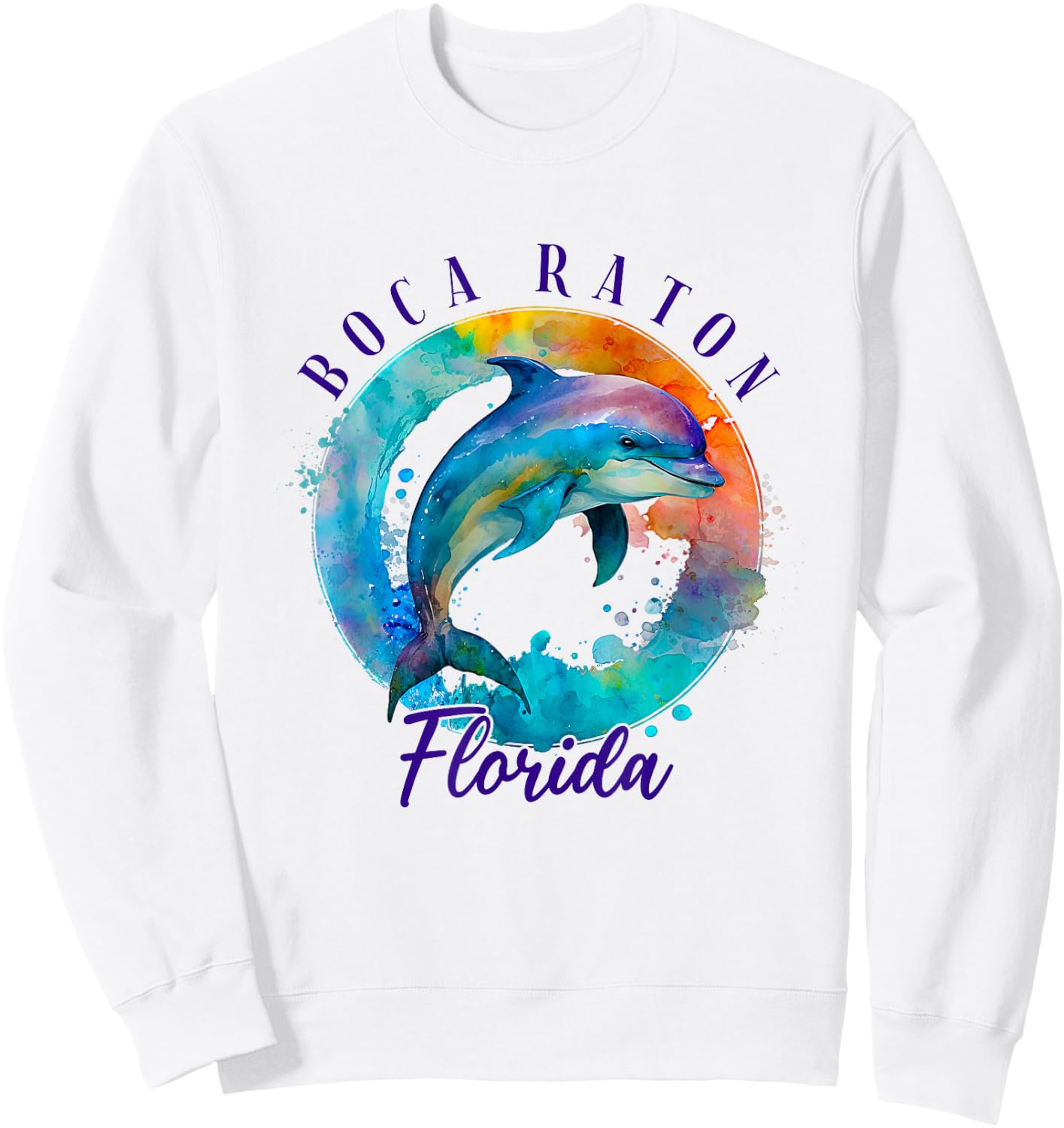 Boca Raton Florida Happy Watercolor Dolphin Sweatshirt - Sweatshirt | White