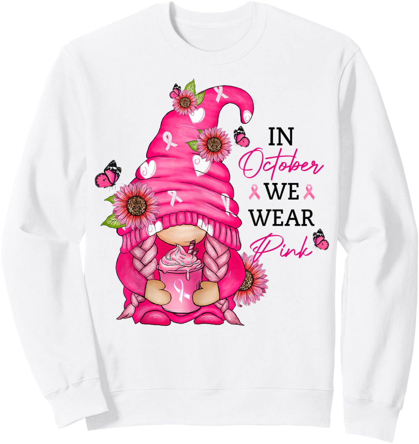 Pink Gnome Breast Cancer Awareness Graphic Sweatshirt - Sweatshirt | White