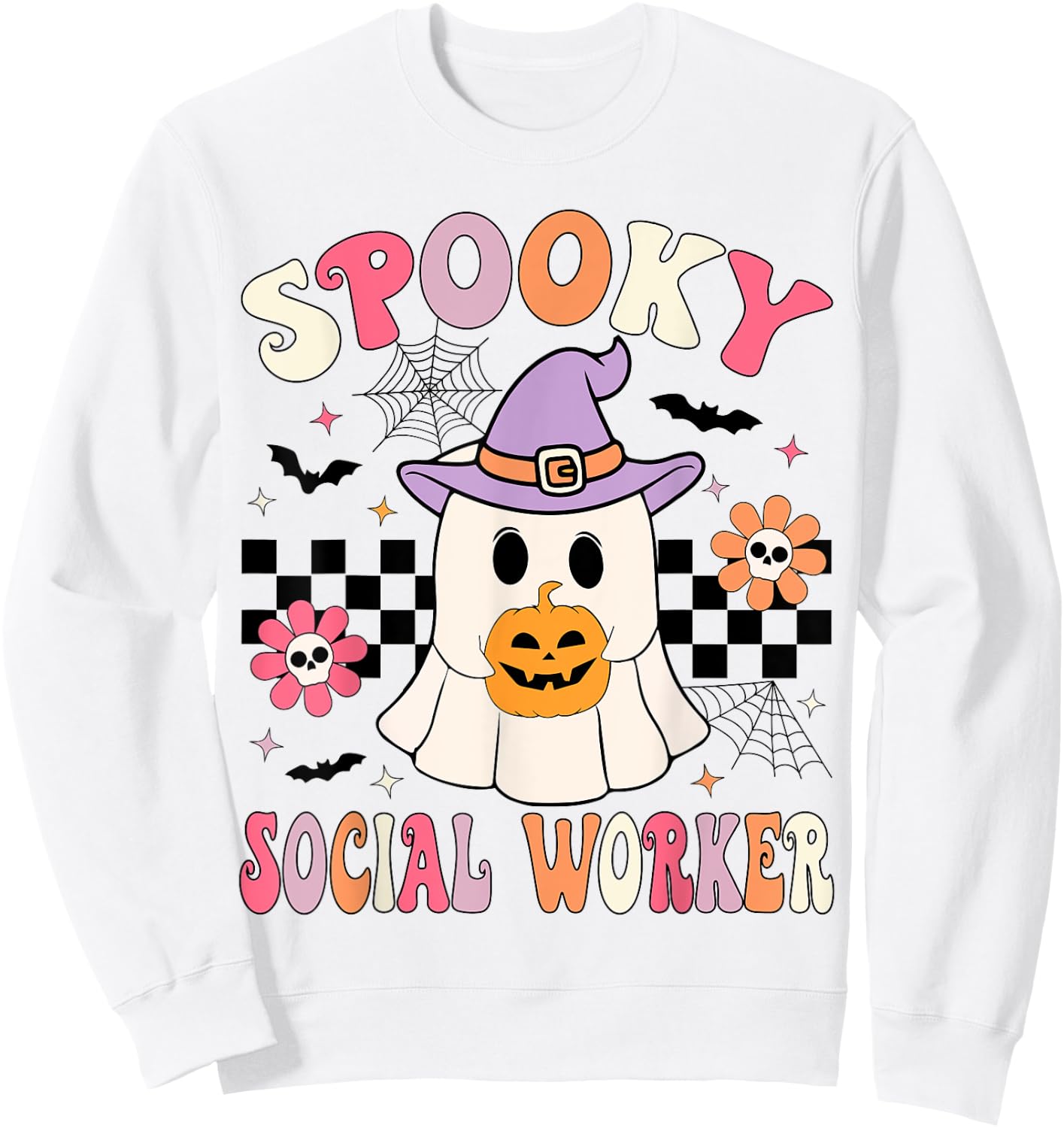 Groovy Spooky Social Worker Halloween Social Worker Ghost Sweatshirt - Sweatshirt | White