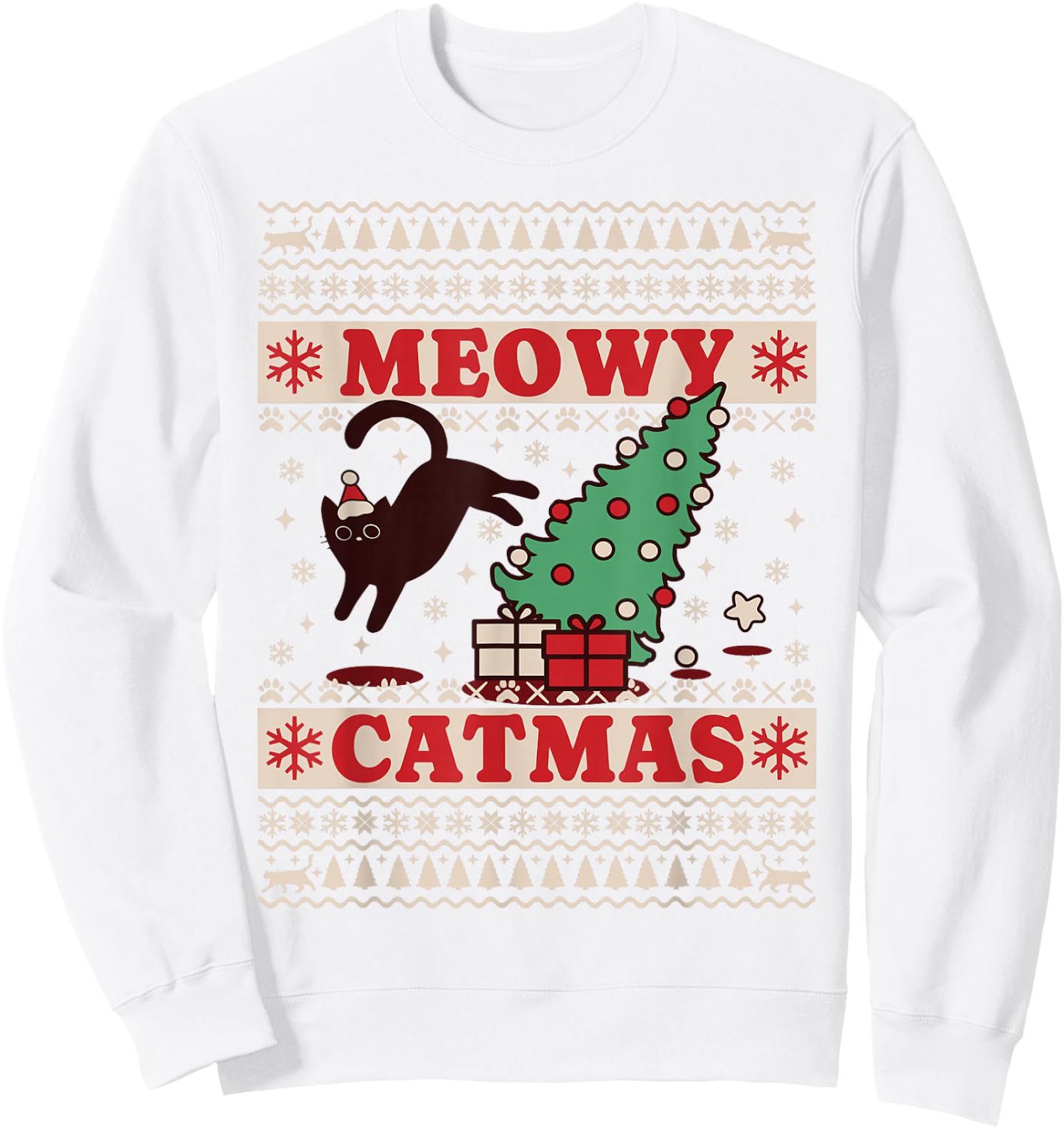 Meowy Catmas, Ugly Christmas Sweater, Cat Christmas Sweatshirt - Sweatshirt | White