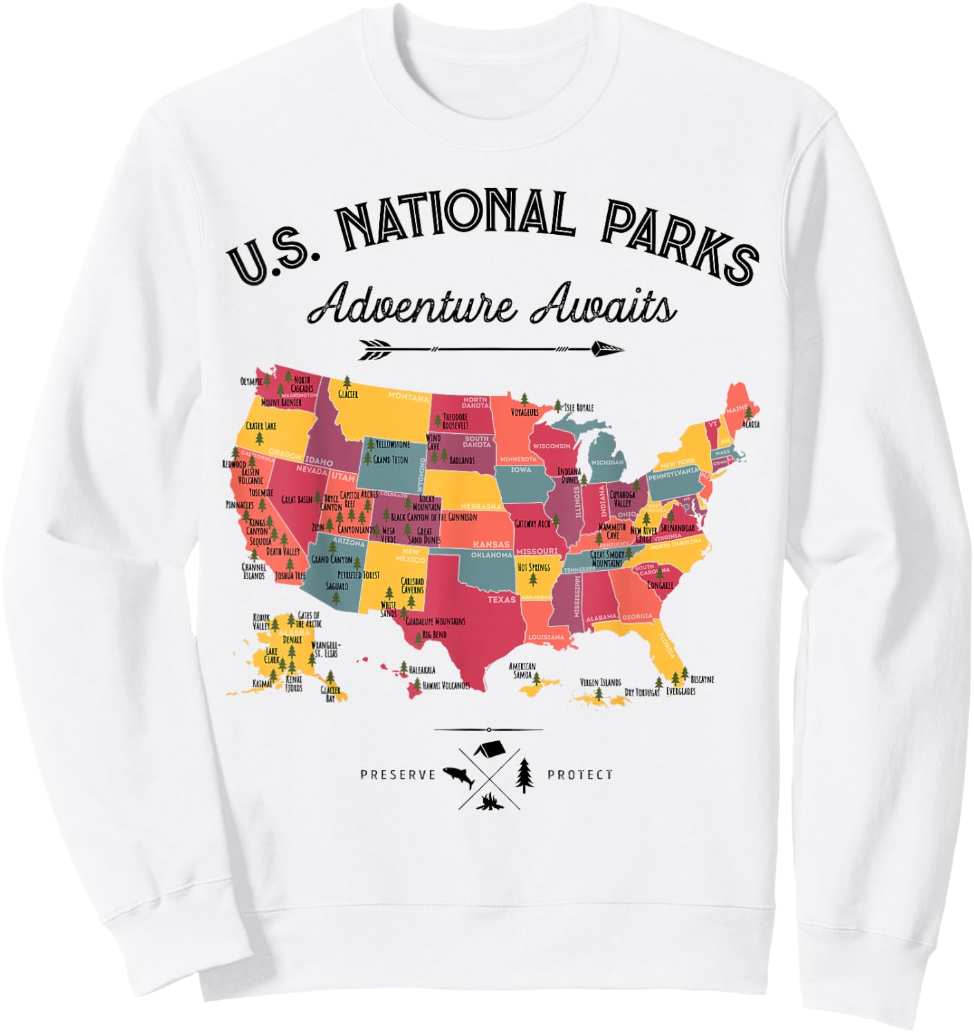 63 National Parks Map US Park Retro Vintage Camping Hiking Sweatshirt - Sweatshirt | White