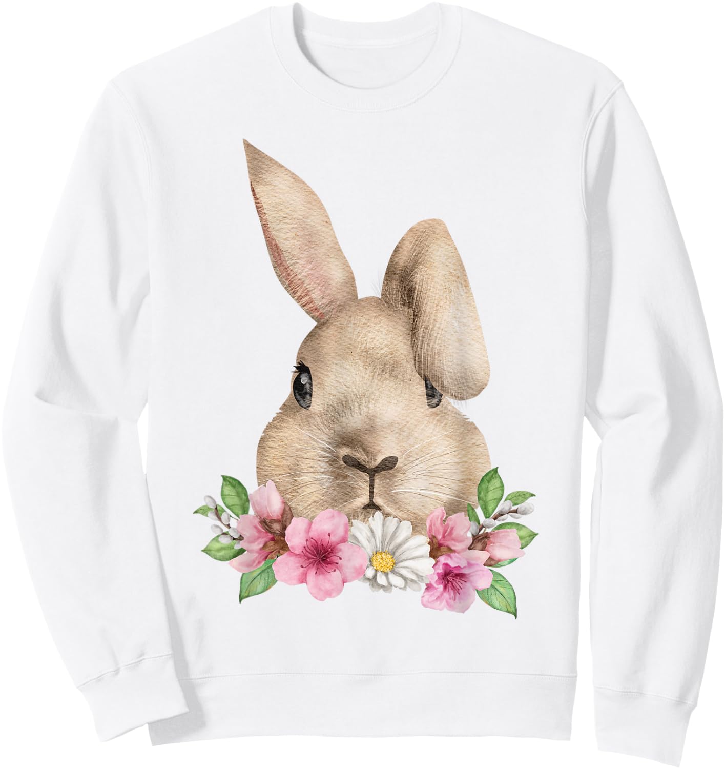 Bunny Head with Flowers Watercolor Easter Rabbit Sweatshirt - Sweatshirt | White