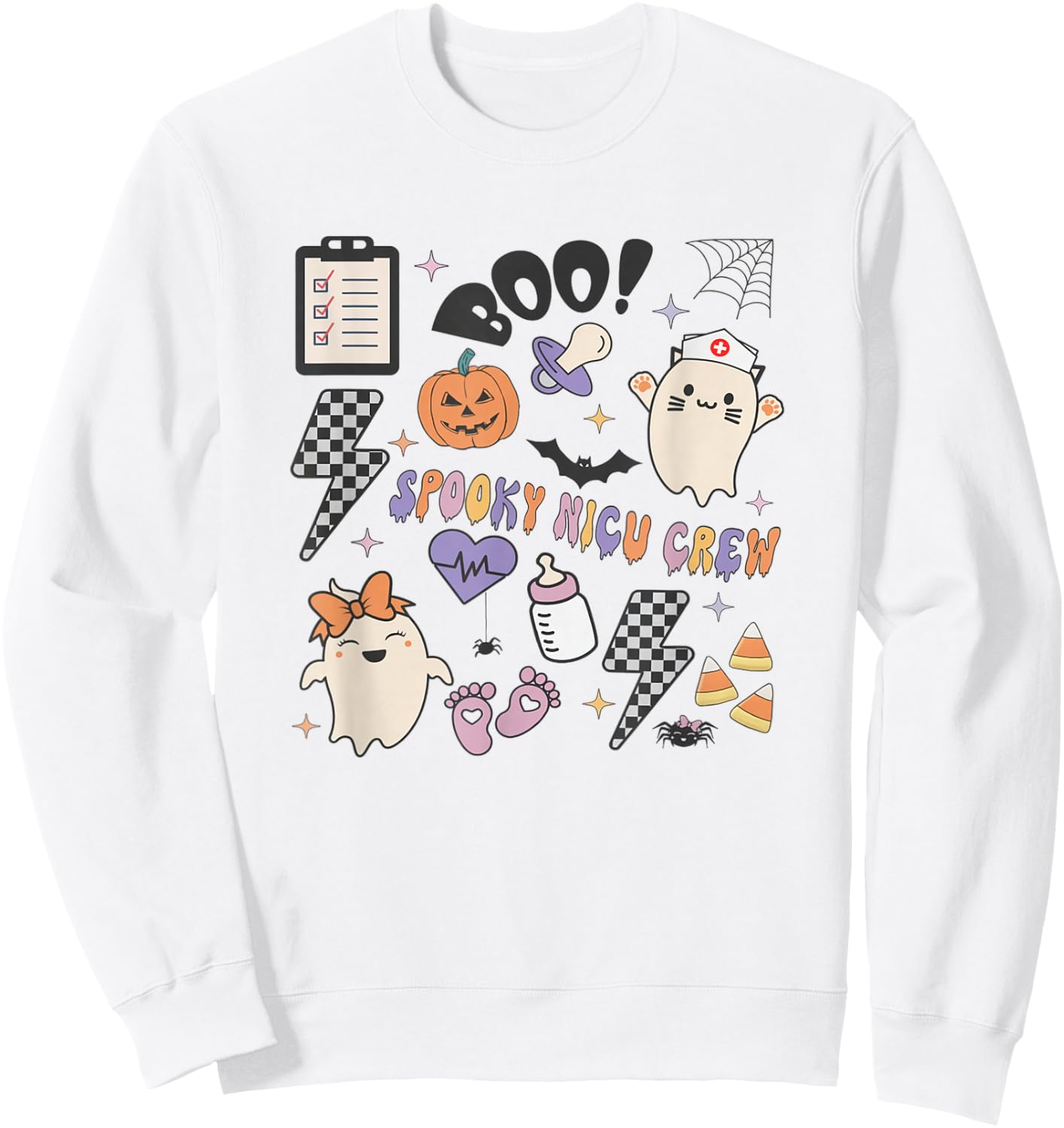 Retro Spooky NICU Nurse Halloween Cute Pumpkin Ghost Women Sweatshirt - Sweatshirt | White